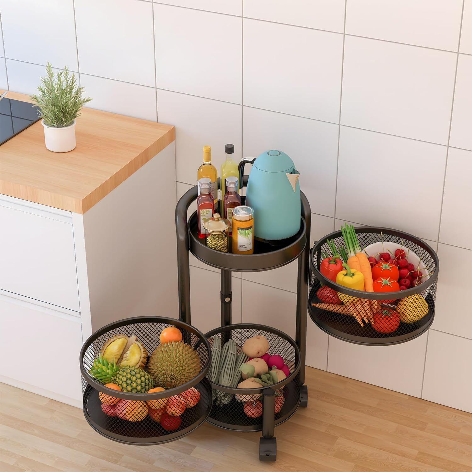 Kuber Industries3-Layer Kitchen Trolley With 360 Rotation For Bathroom, Bedroom (Black)