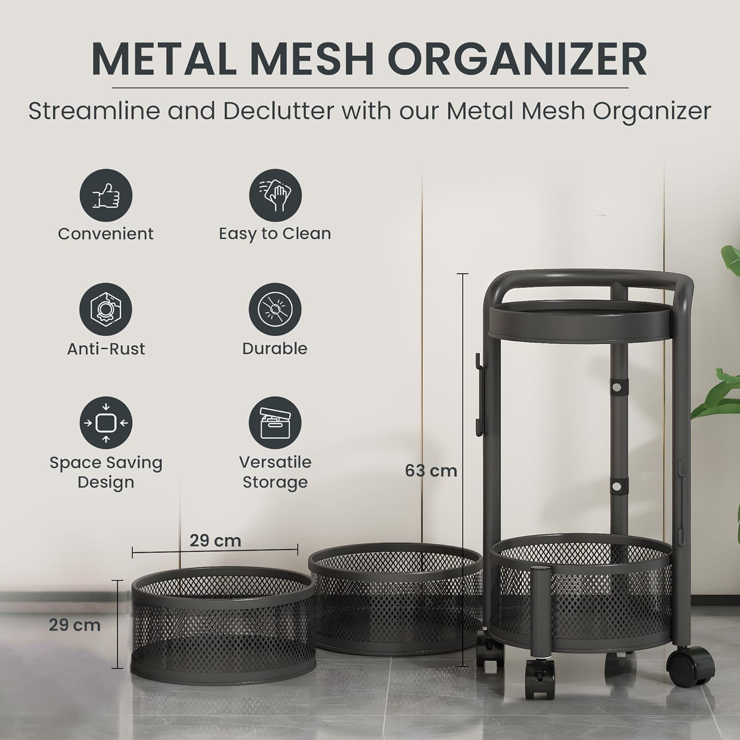 Kuber Industries3-Layer Kitchen Trolley With 360 Rotation For Bathroom, Bedroom (Black)