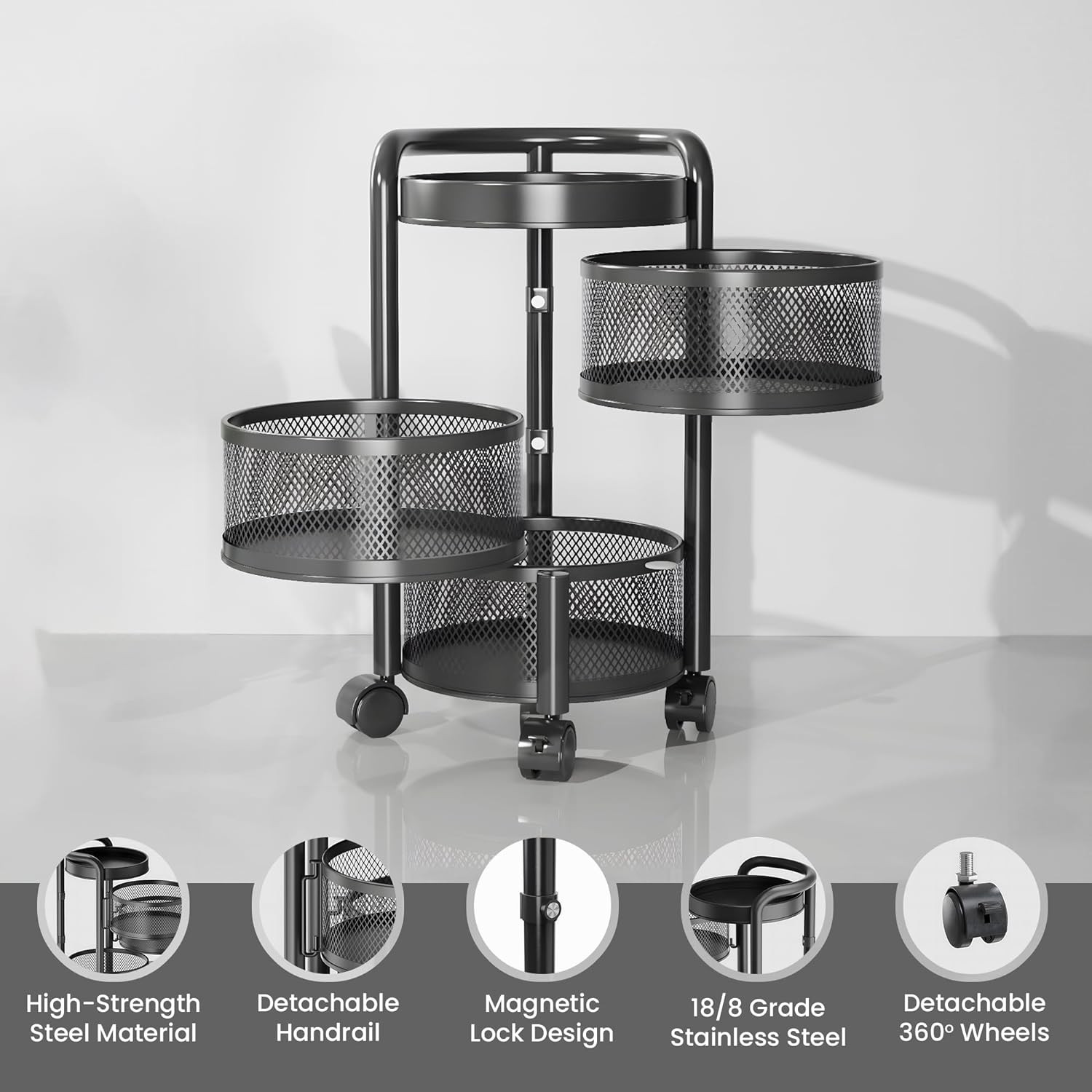 Kuber Industries3-Layer Kitchen Trolley With 360 Rotation For Bathroom, Bedroom (Black)