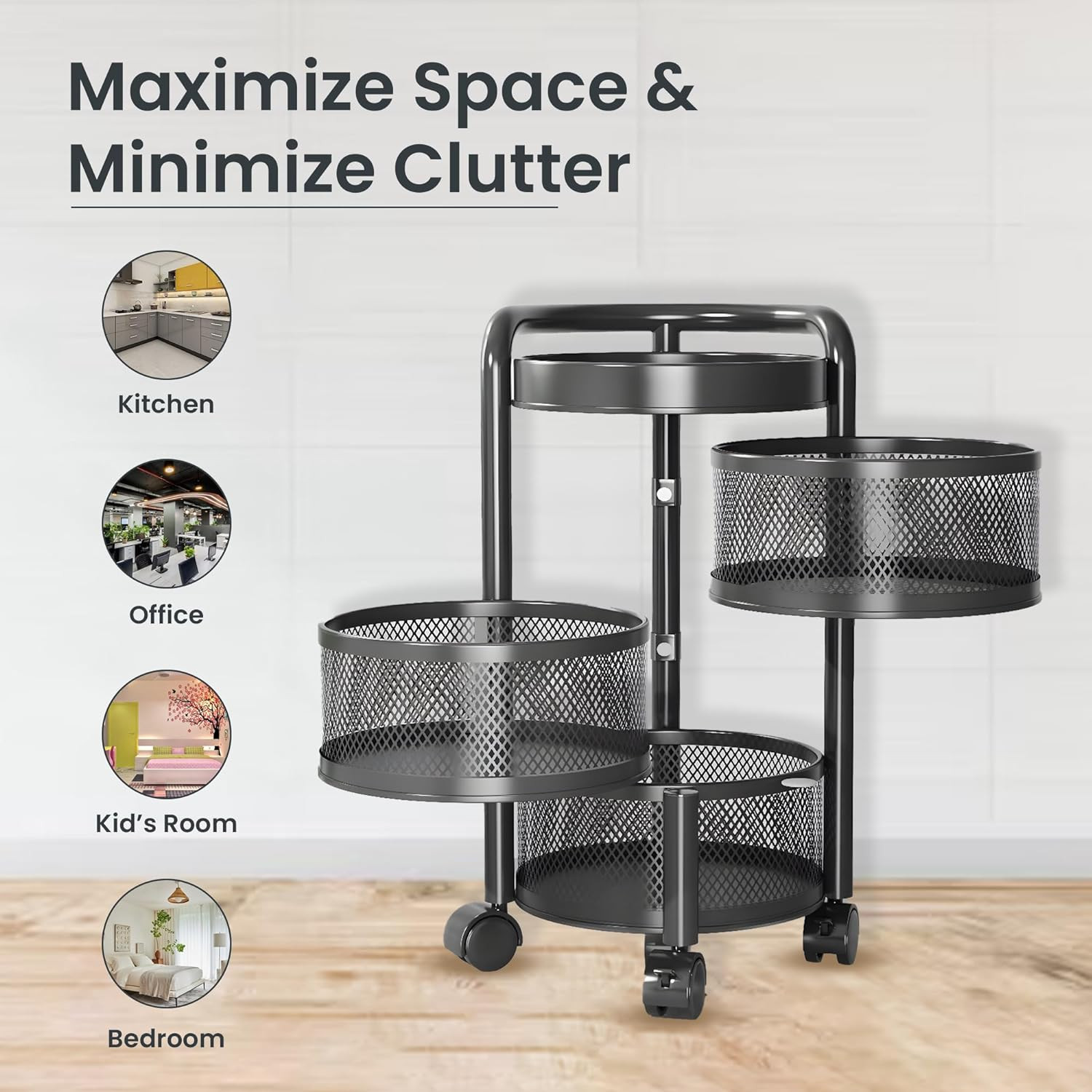 Kuber Industries3-Layer Kitchen Trolley With 360 Rotation For Bathroom, Bedroom (Black)