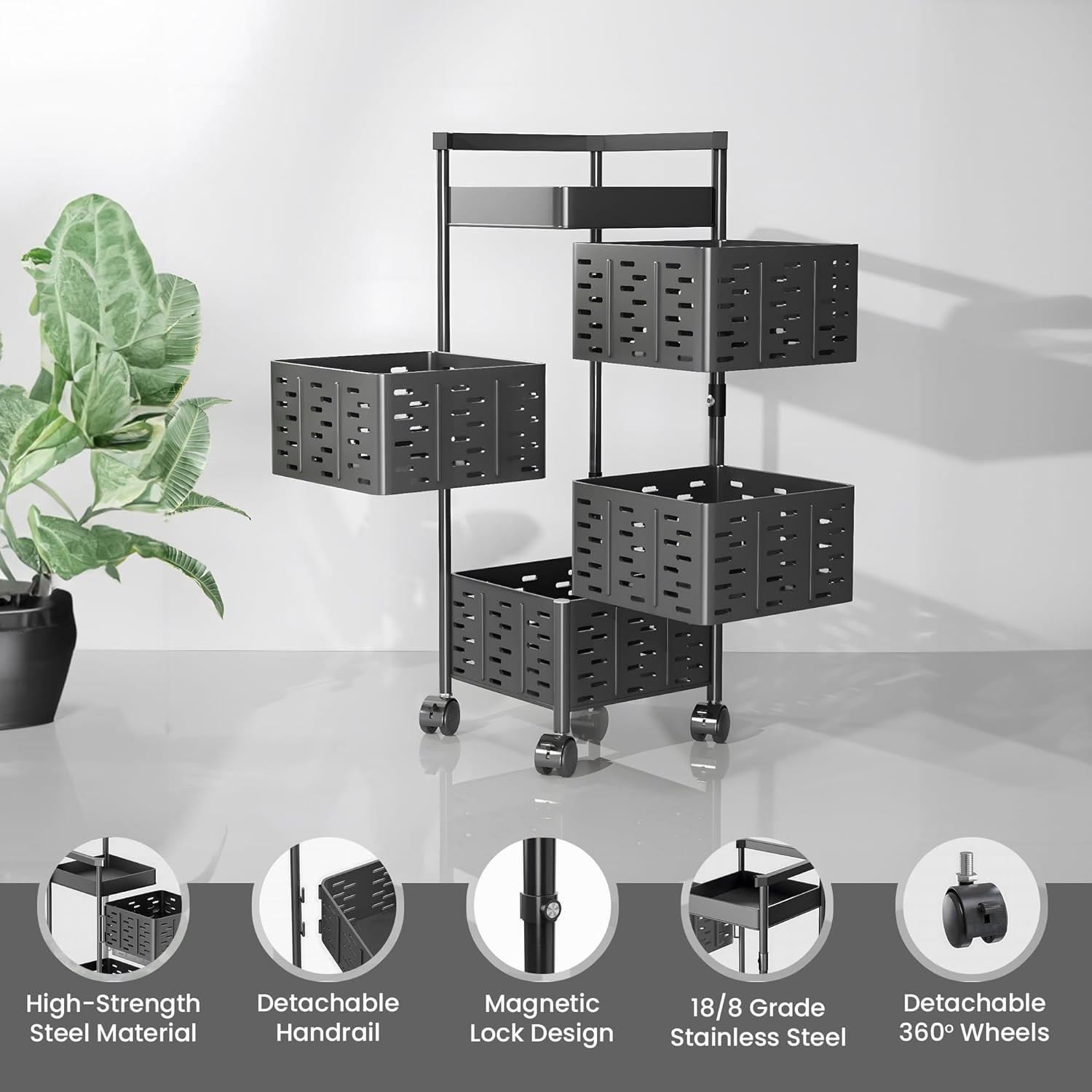 Kuber Industries4-Layer Kitchen Trolley With 360 Rotation For Bathroom, Bedroom (Black)