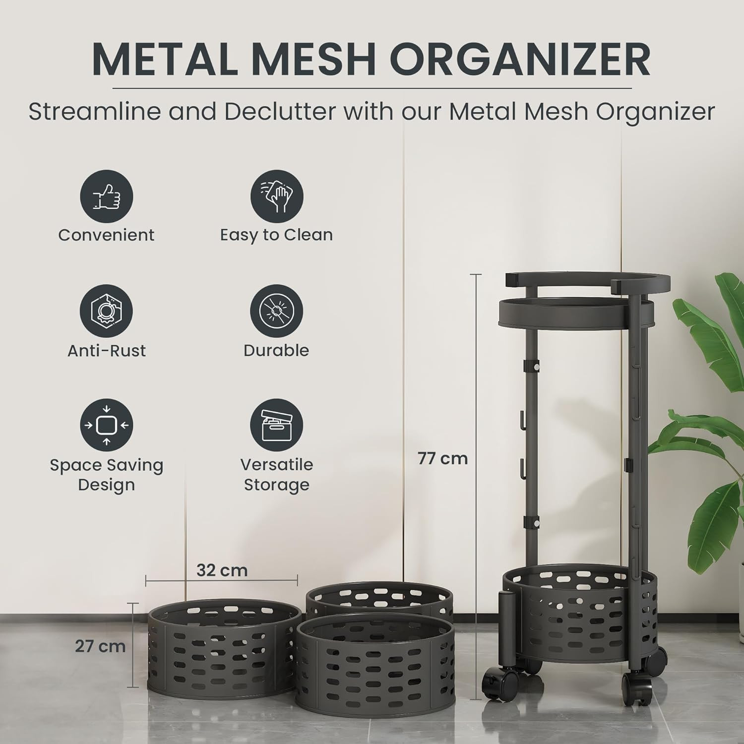 Kuber Industries4-Layer Kitchen Trolley With 360 Rotation For Bathroom Bedroom Black