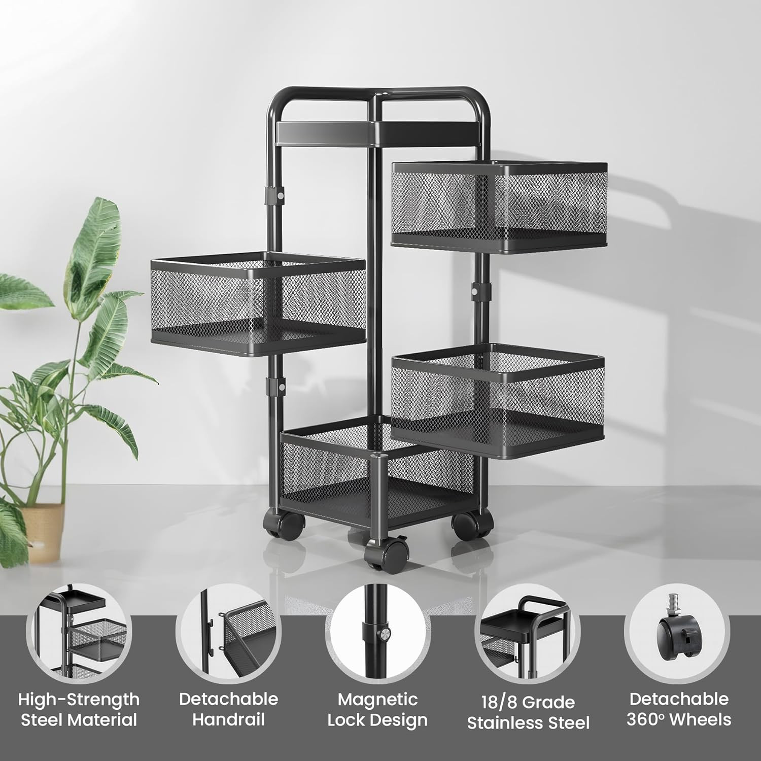 Kuber Industries4-Layer Kitchen Trolley With 360 Rotation For Bathroom, Bedroom (Black)
