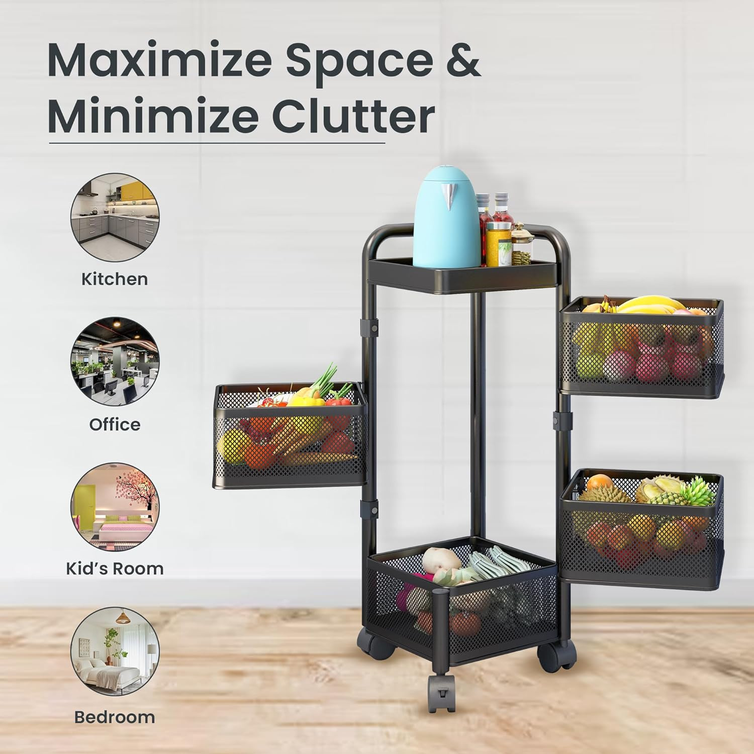 Kuber Industries4-Layer Kitchen Trolley With 360 Rotation For Bathroom, Bedroom (Black)