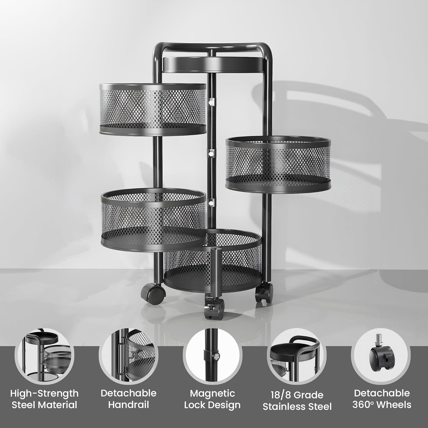 Kuber Industries4-Layer Kitchen Trolley With 360 Rotation For Bathroom, Bedroom (Black)