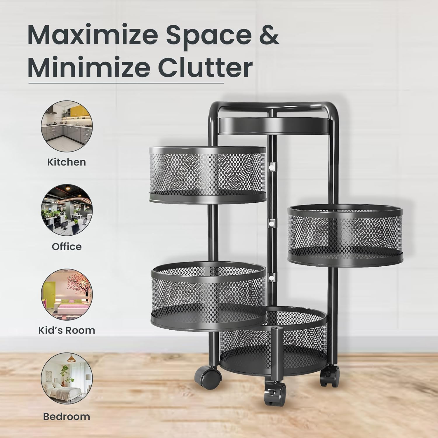 Kuber Industries4-Layer Kitchen Trolley With 360 Rotation For Bathroom, Bedroom (Black)