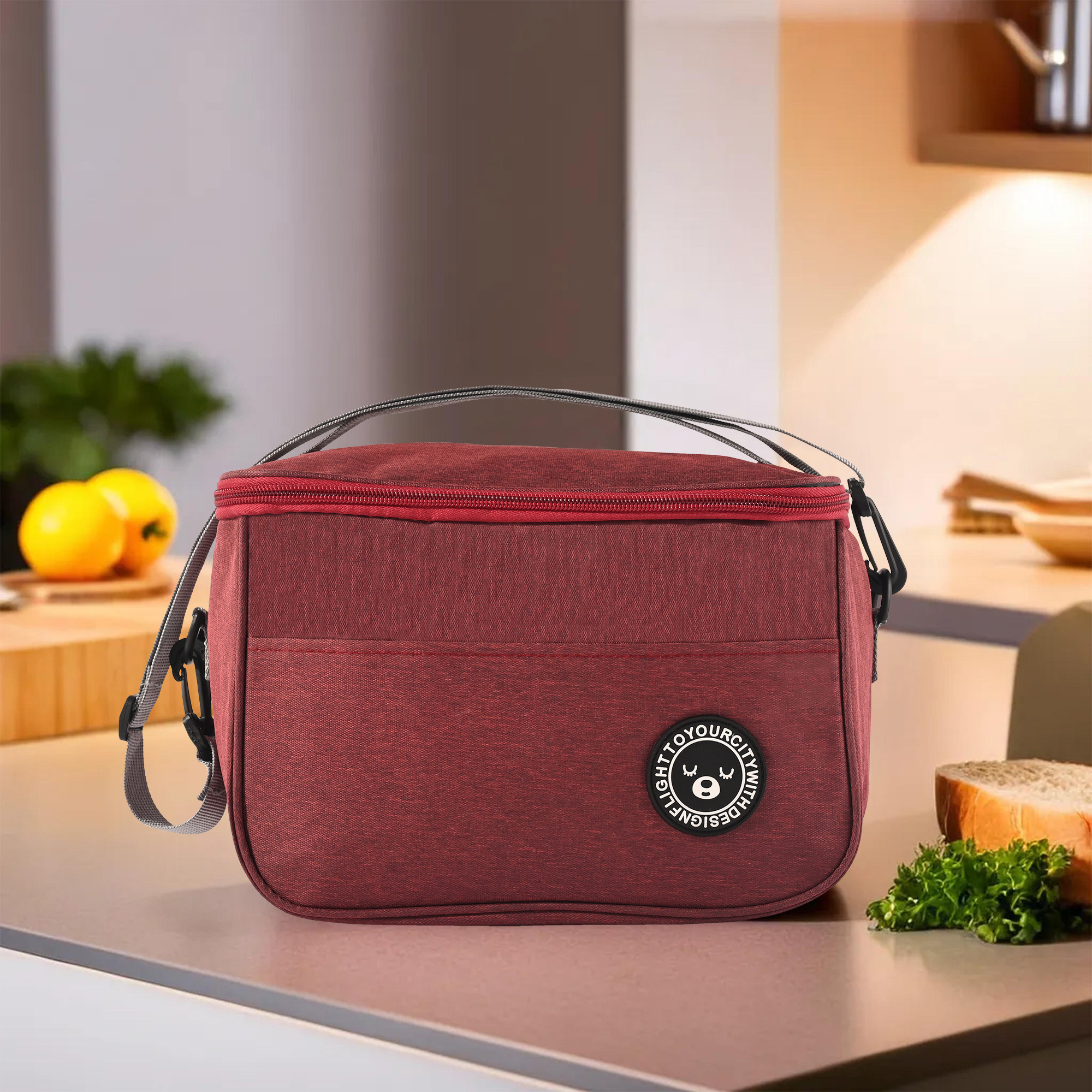 Kuber Industriess Insulated Tiffin Bag for Office for Men  Women with Detachable Hook Adjustable Strap Zip  Front Pocket  Durable Lunch Box Bags for Women  YJ-9-WRED  Wine Red