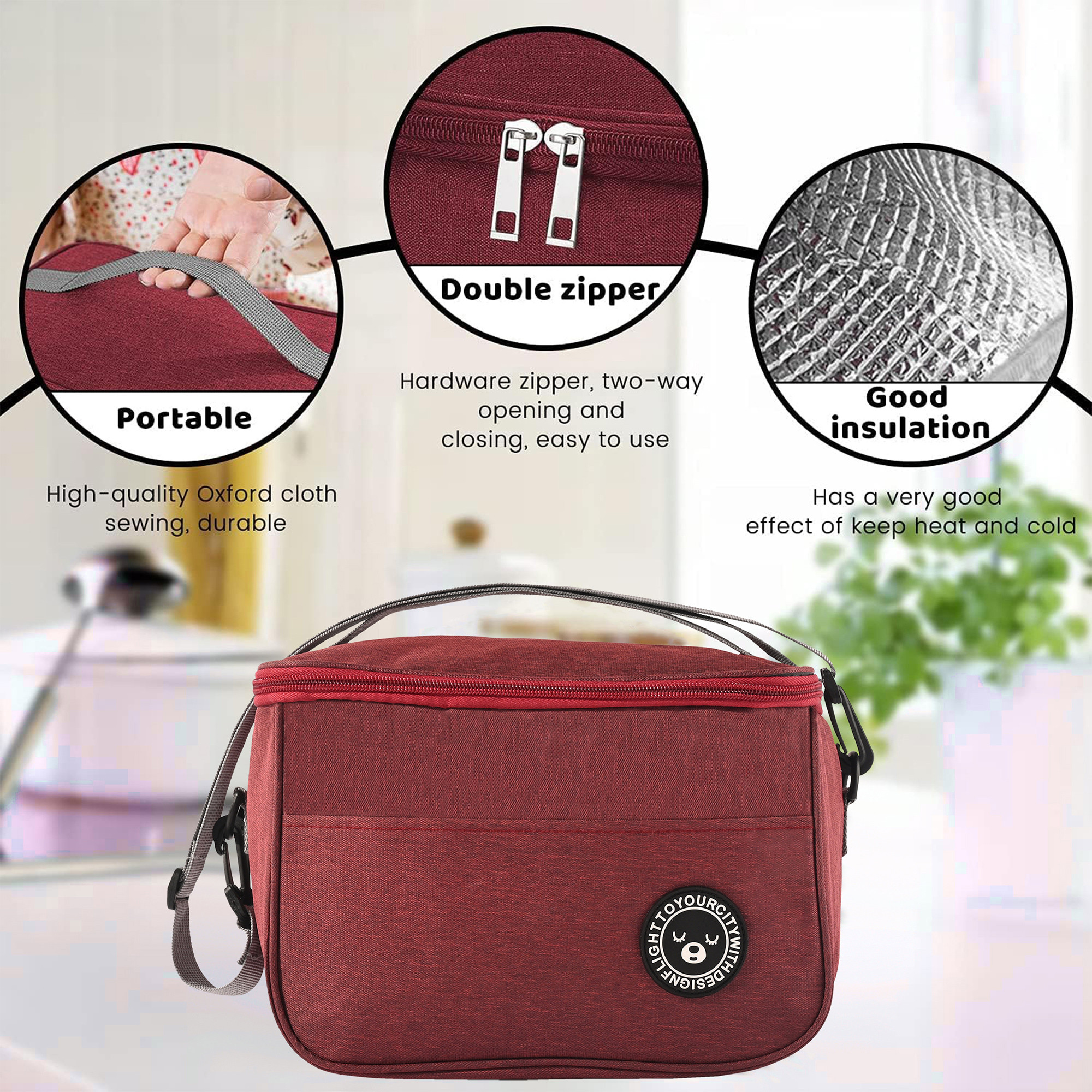 Kuber Industriess Insulated Tiffin Bag for Office for Men  Women with Detachable Hook Adjustable Strap Zip  Front Pocket  Durable Lunch Box Bags for Women  YJ-9-WRED  Wine Red