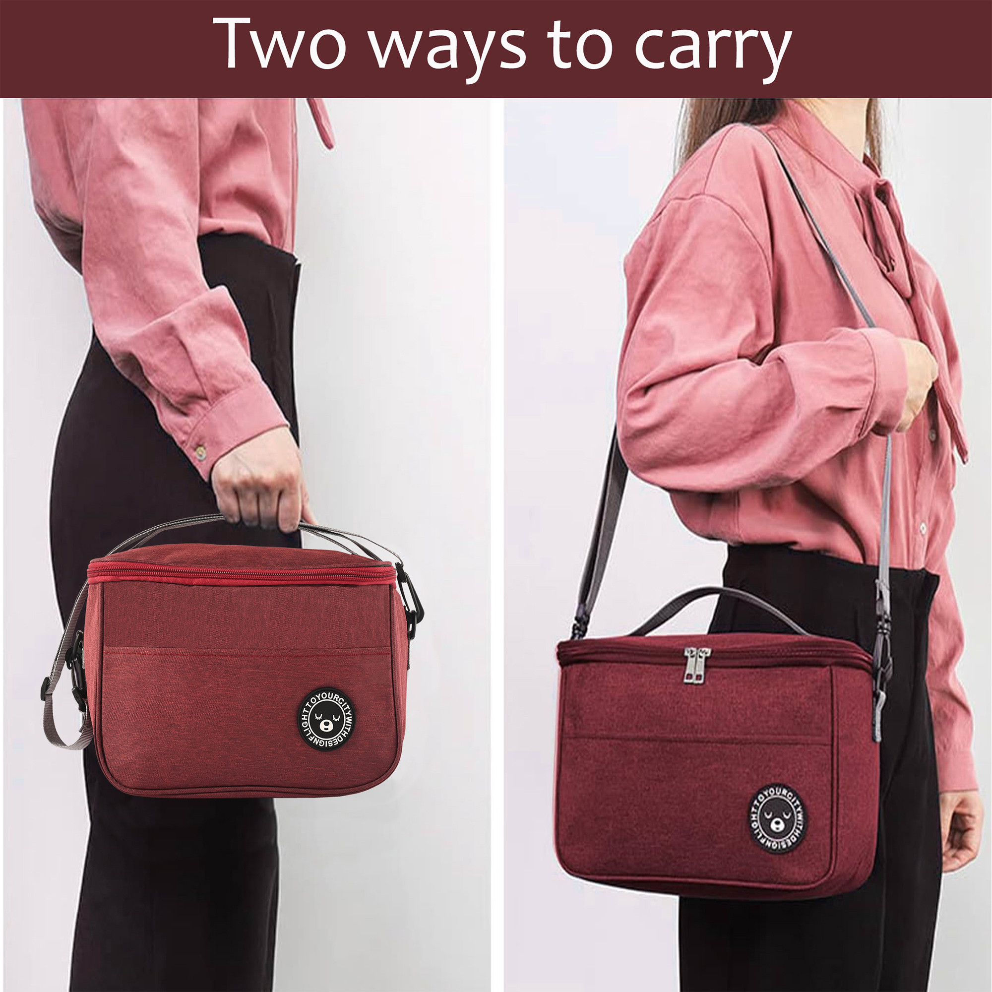 Kuber Industriess Insulated Tiffin Bag for Office for Men  Women with Detachable Hook Adjustable Strap Zip  Front Pocket  Durable Lunch Box Bags for Women  YJ-9-WRED  Wine Red