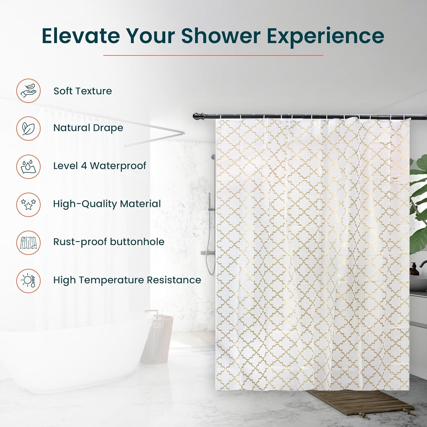 Kuber IndustriesSoft Texture Bath curtain|Natural Drape Waterproof Shower Curtain 6 Feet|Gold