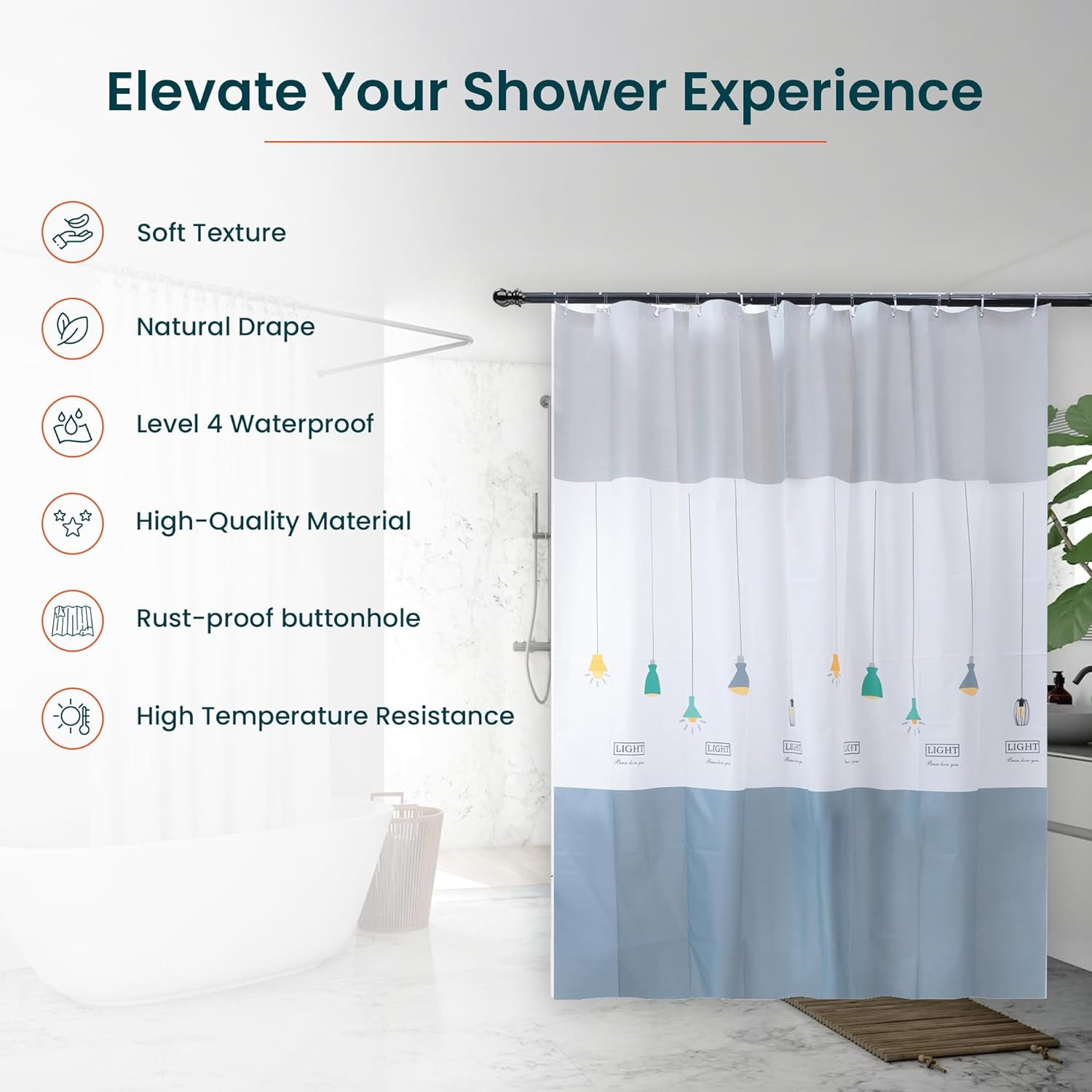 Kuber IndustriesSoft Texture Bath curtain|Natural Drape Waterproof Shower Curtain 6 Feet|Grey