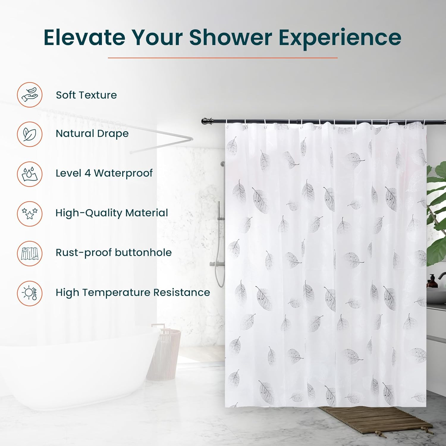Kuber IndustriesSoft Texture Bath curtain|Natural Drape Waterproof Shower Curtain 6 Feet|White