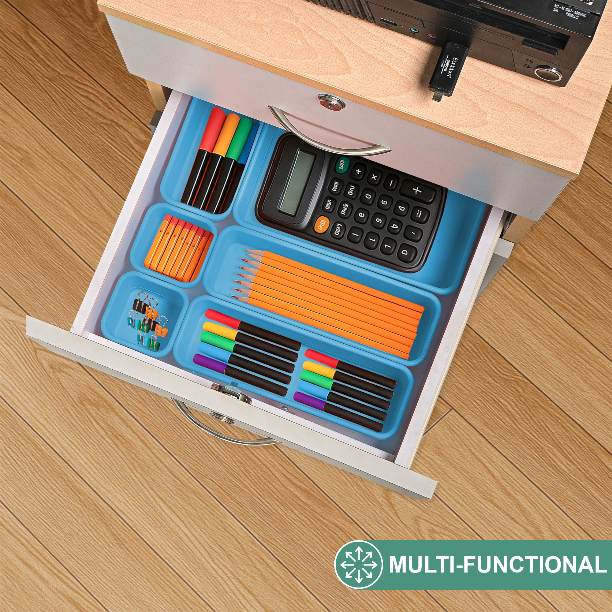 Kuber Industriest Plastic Interlocking Desk Drawer Organizer Trays for Home and Office  Cutlery Tray for Kitchen Drawers Organisers  Vanity Makeup and Dressing Table Organiser  Blue