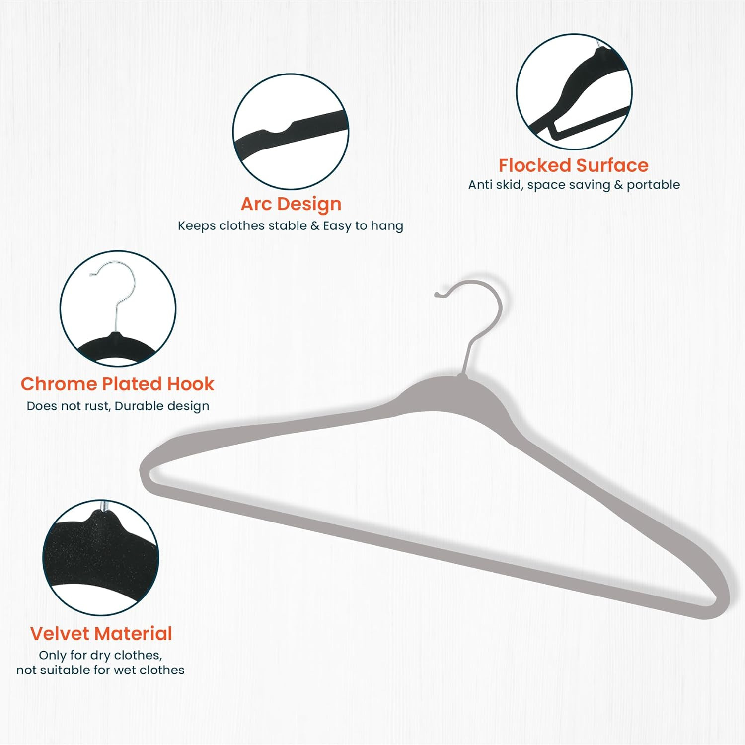 Kuber IndustriesVelvet Cloth Hanger Set of 5 With Chromed Plated Steel Hook|GREY|