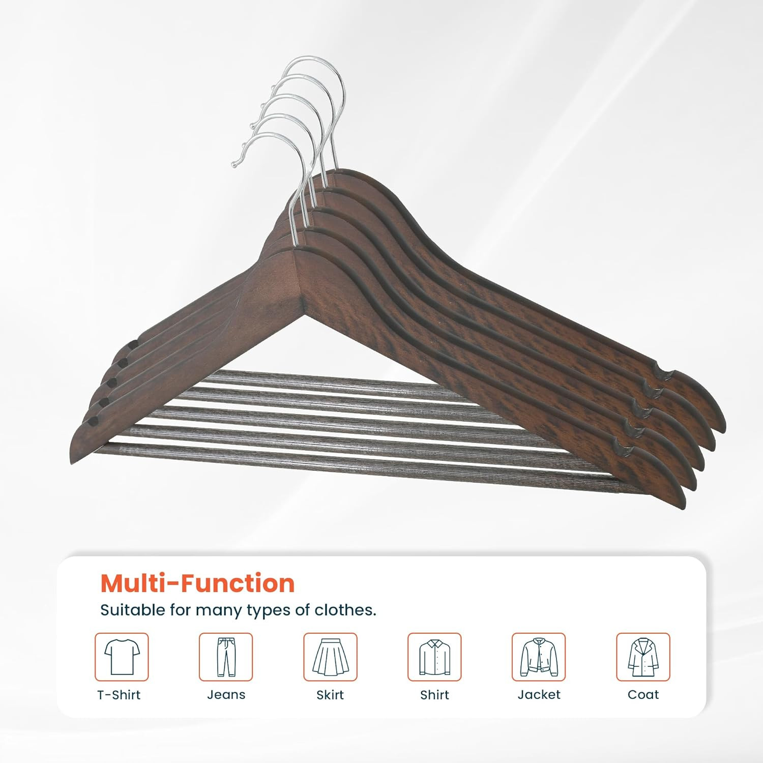 Kuber IndustriesWooden Cloth Hanger Set of 5 With Chromed Plated Steel Hook|Brown|
