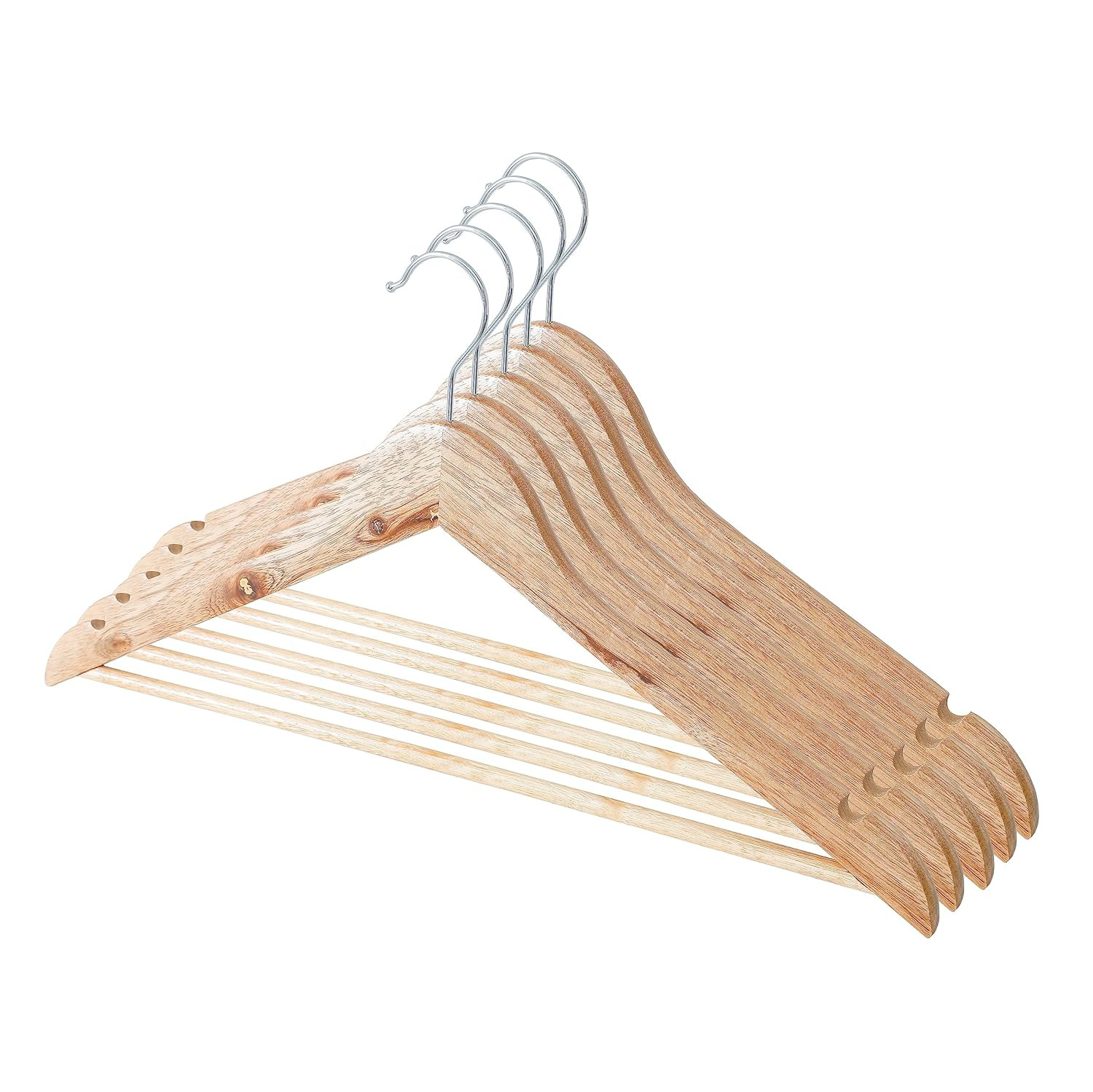 Kuber IndustriesWooden Cloth Hanger Set of 5 With Chromed Plated Steel Hook|Natural|