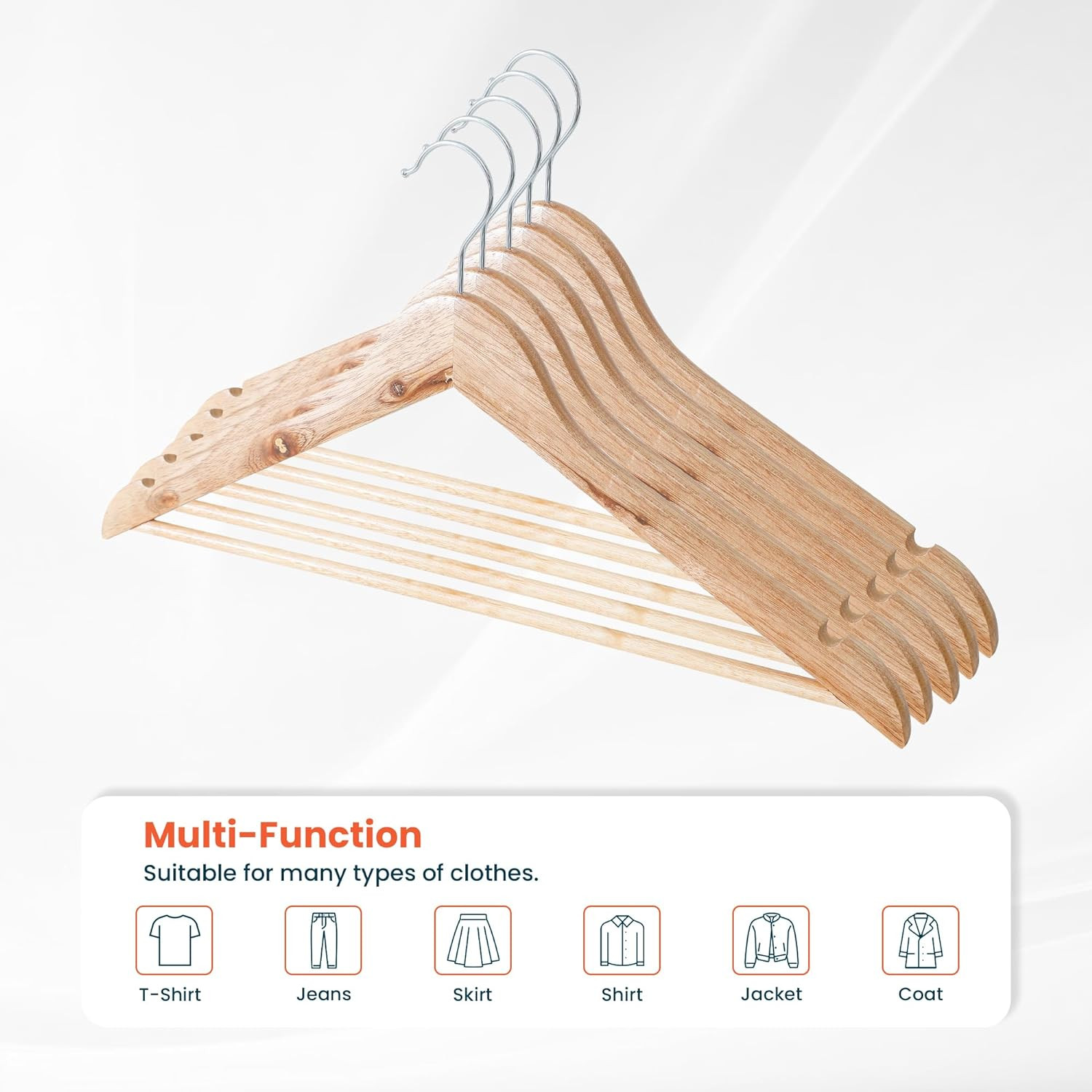 Kuber IndustriesWooden Cloth Hanger Set of 5 With Chromed Plated Steel Hook|Natural|