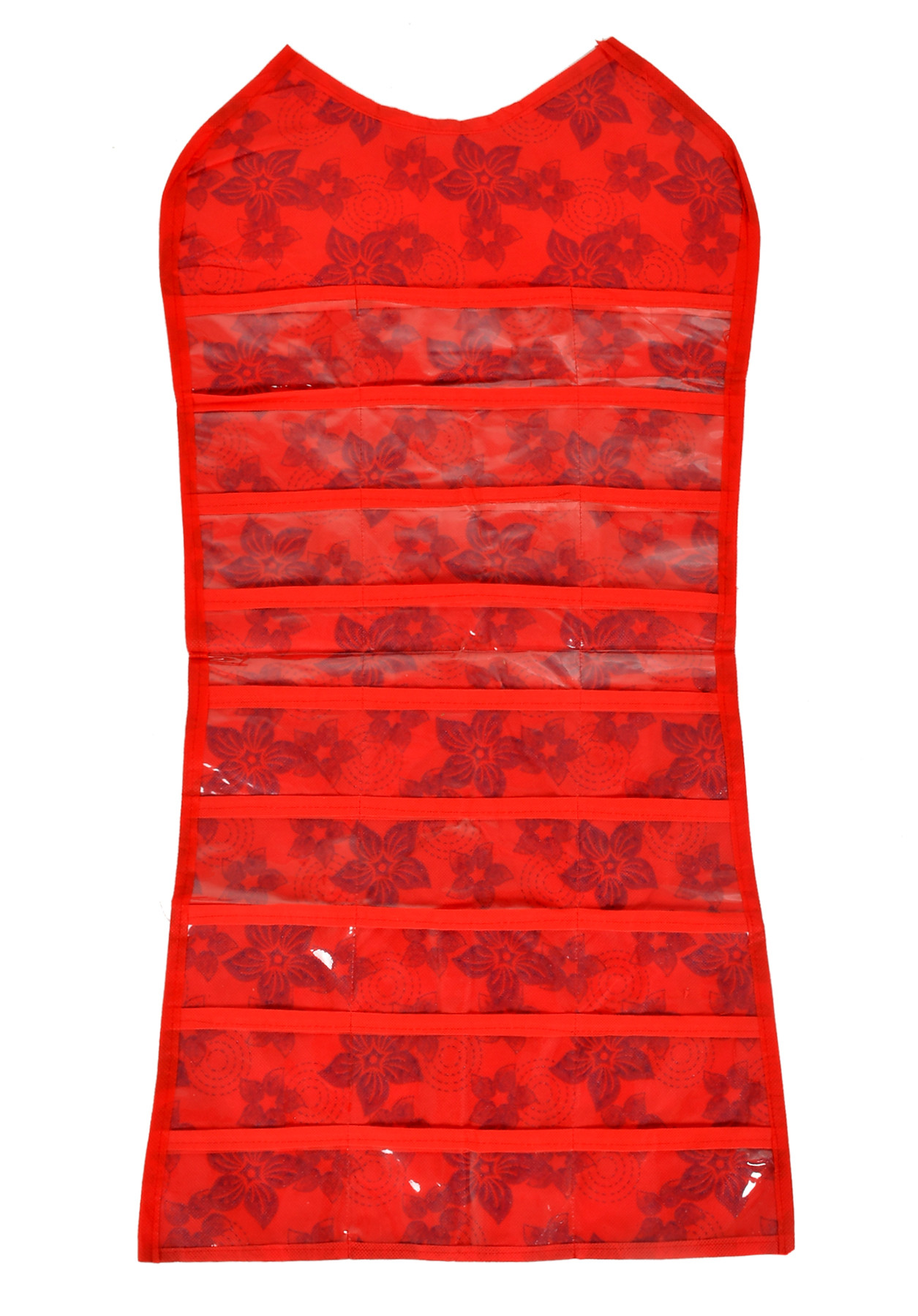 Kuber Indutries Metalic Flower Design Non-Woven Hanging Double Sided Jewellery, Necklace, Earrings, Necklace, Bracelet, Ring Organizer With 27 Front Pocket & 14 Loops in Black Without Hanger (Red)-HS_38_KUBMART21143