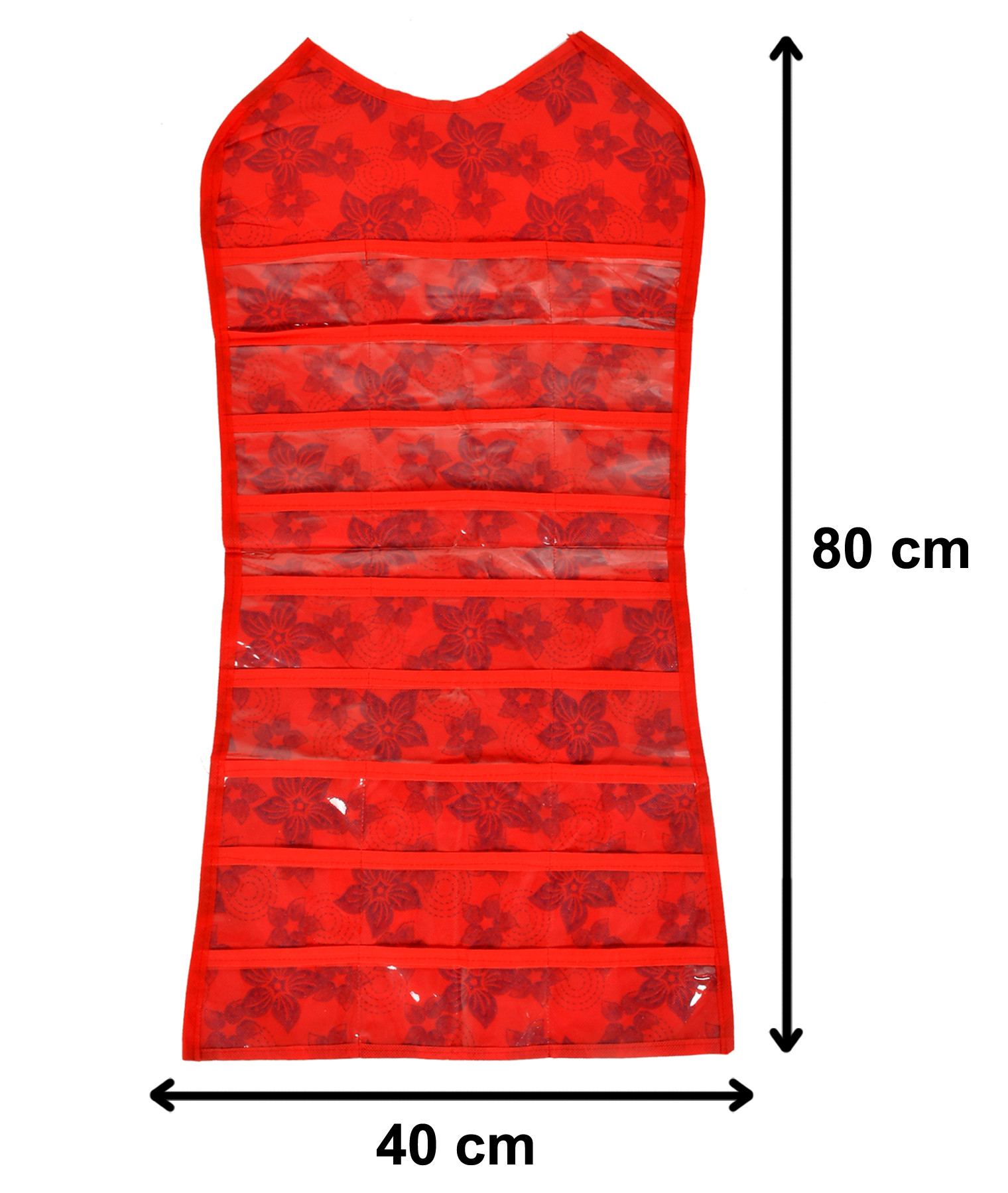 Kuber Indutries Metalic Flower Design Non-Woven Hanging Double Sided Jewellery, Necklace, Earrings, Necklace, Bracelet, Ring Organizer With 27 Front Pocket & 14 Loops in Black Without Hanger (Red)-HS_38_KUBMART21143