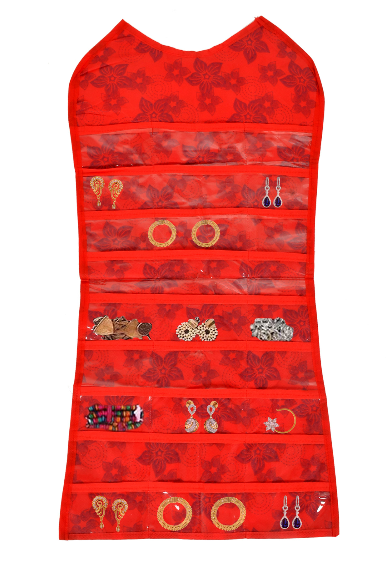 Kuber Indutries Metalic Flower Design Non-Woven Hanging Double Sided Jewellery, Necklace, Earrings, Necklace, Bracelet, Ring Organizer With 27 Front Pocket & 14 Loops in Black Without Hanger (Red)-HS_38_KUBMART21143