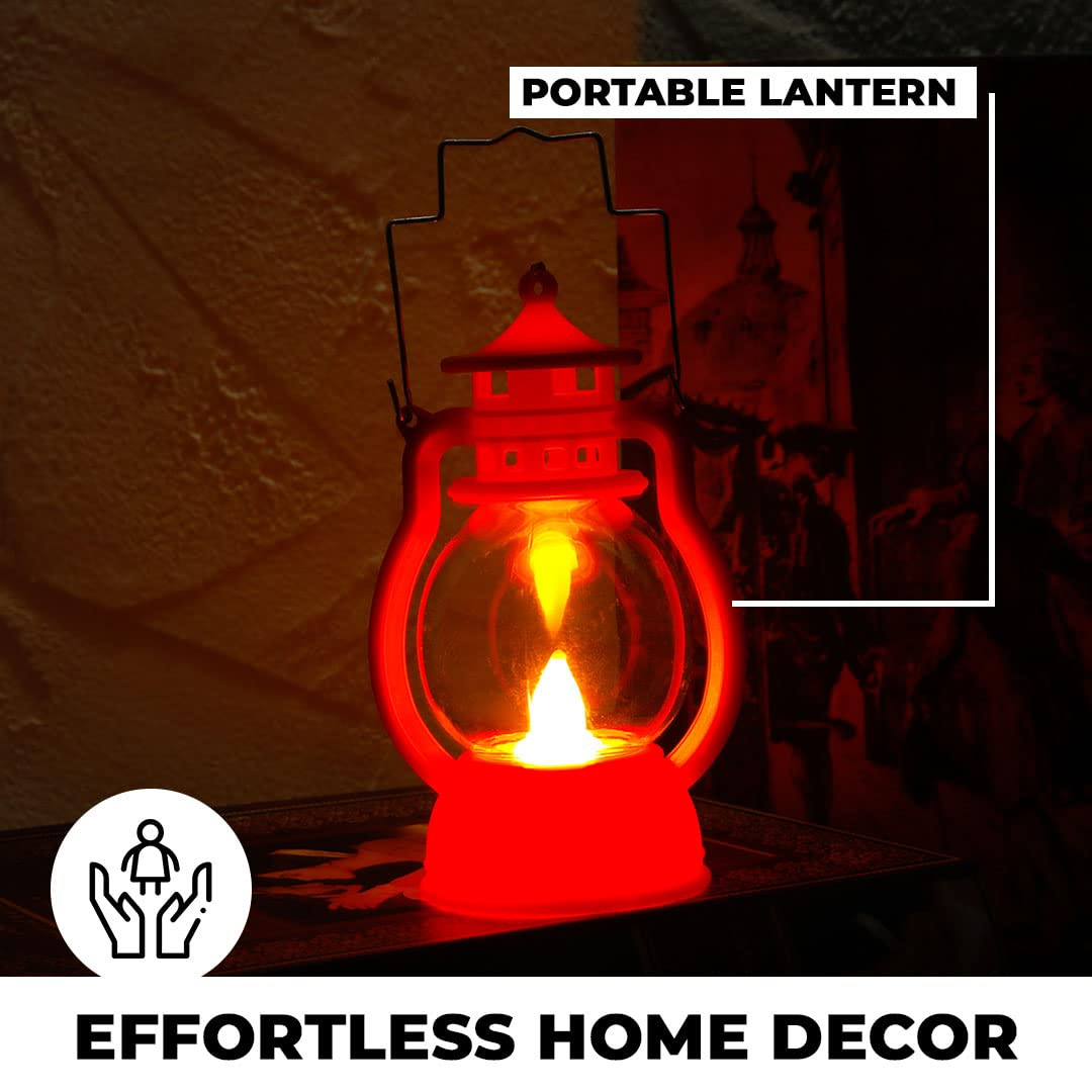 Kuber LED Lantern Lamp|Battey Operated|Flameless Yellow Light| Diwali Lights for Home Decoration,Along with Other Festivities & Parties|Black Hanging Lantern |Red