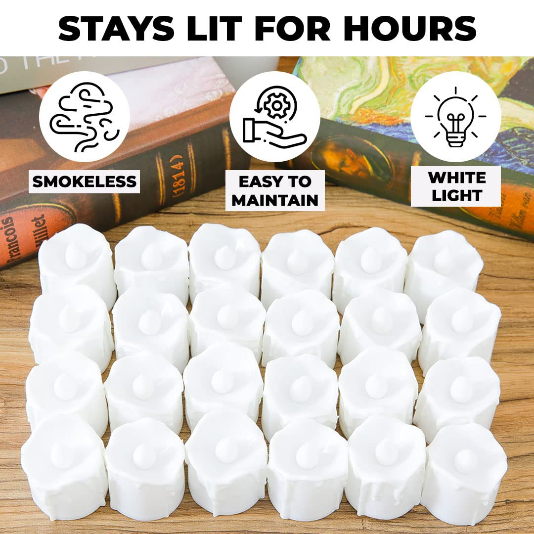 Kuber LED Tea Light Candles for Home DÃ©cor |Battey Operated |Flameless White Light |Diwali Lights for Home Decoration, Along with Other Festivities & Parties| White |Pack of 24