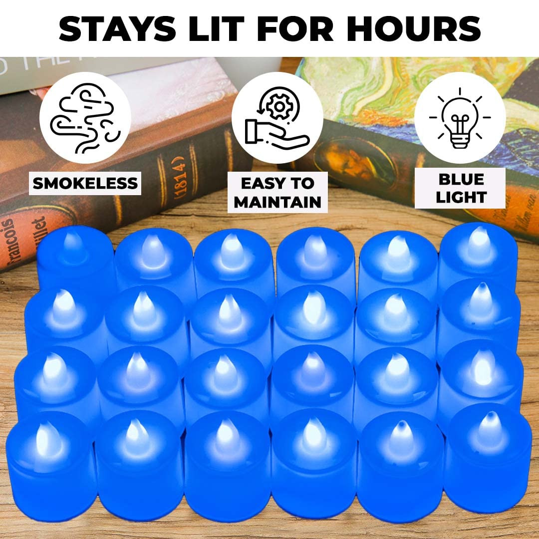 Kuber LED Tea Light Candles for Home Decor |Battey Operated |Flameless Yellow Light |Diwali Lights for Home Decoration,Along with Other Festivities & Parties| (Candle with Blue) Pack of 24
