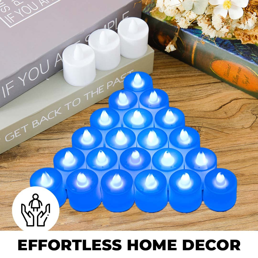 Kuber LED Tea Light Candles for Home Decor |Battey Operated |Flameless Yellow Light |Diwali Lights for Home Decoration,Along with Other Festivities & Parties| (Candle with Blue) Pack of 24