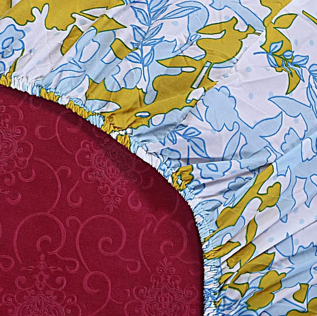 kuber Micro 130 GSM Double Fitted Blue-Yellow Printed bedsheet