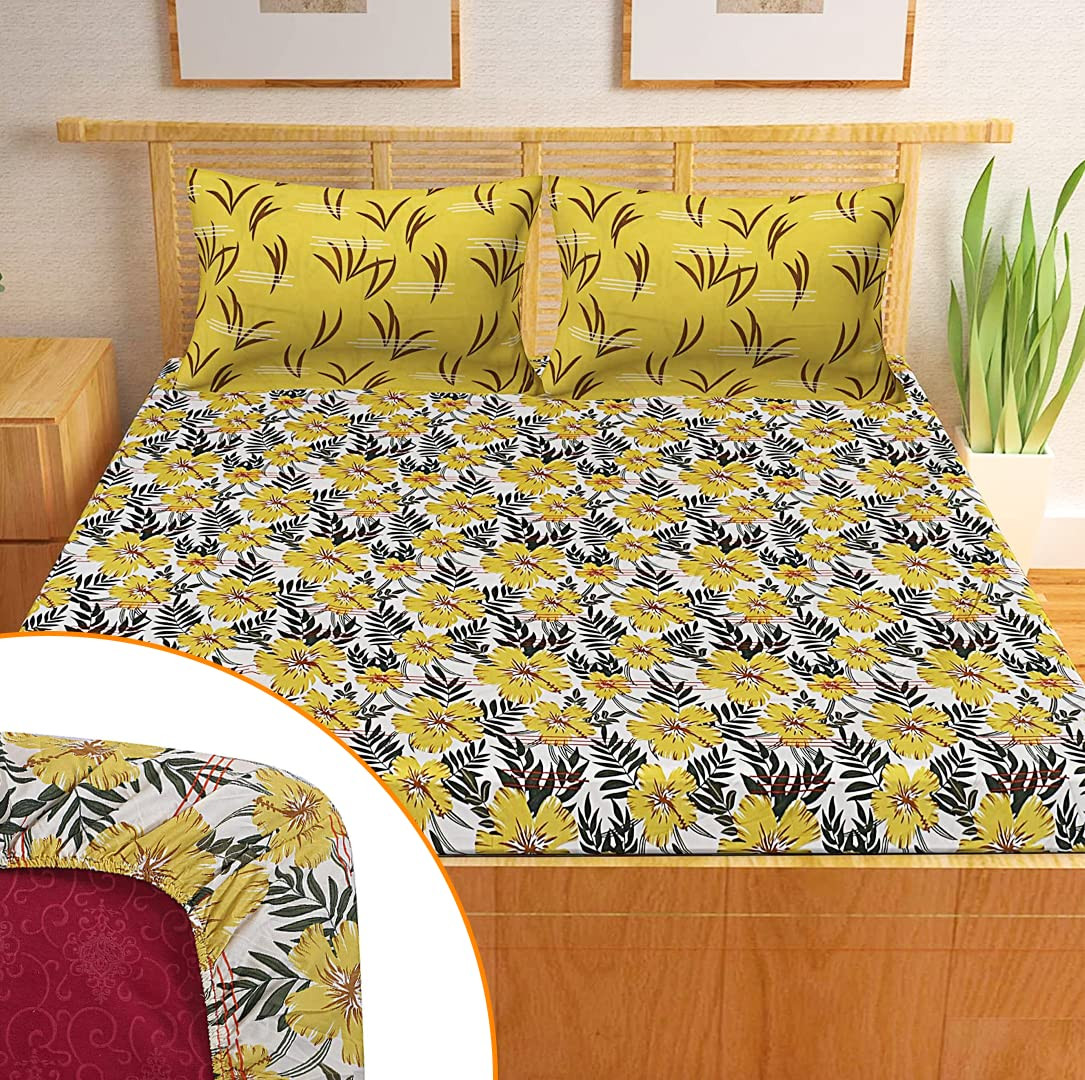 kuber Micro 130 GSM Double Fitted Mustard Printed bedsheet