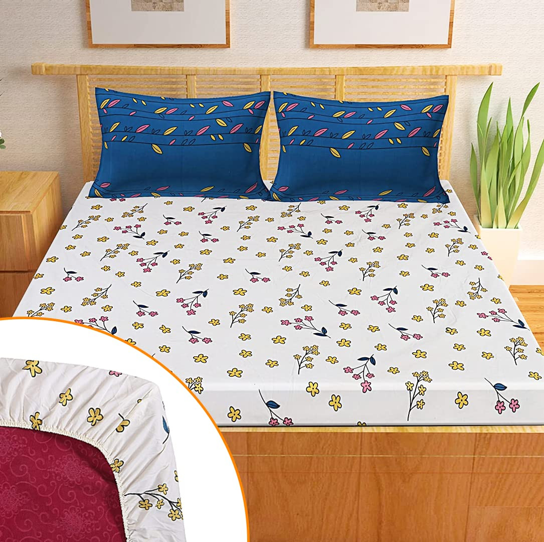 kuber Micro 130 GSM Double Fitted White Printed bedsheet