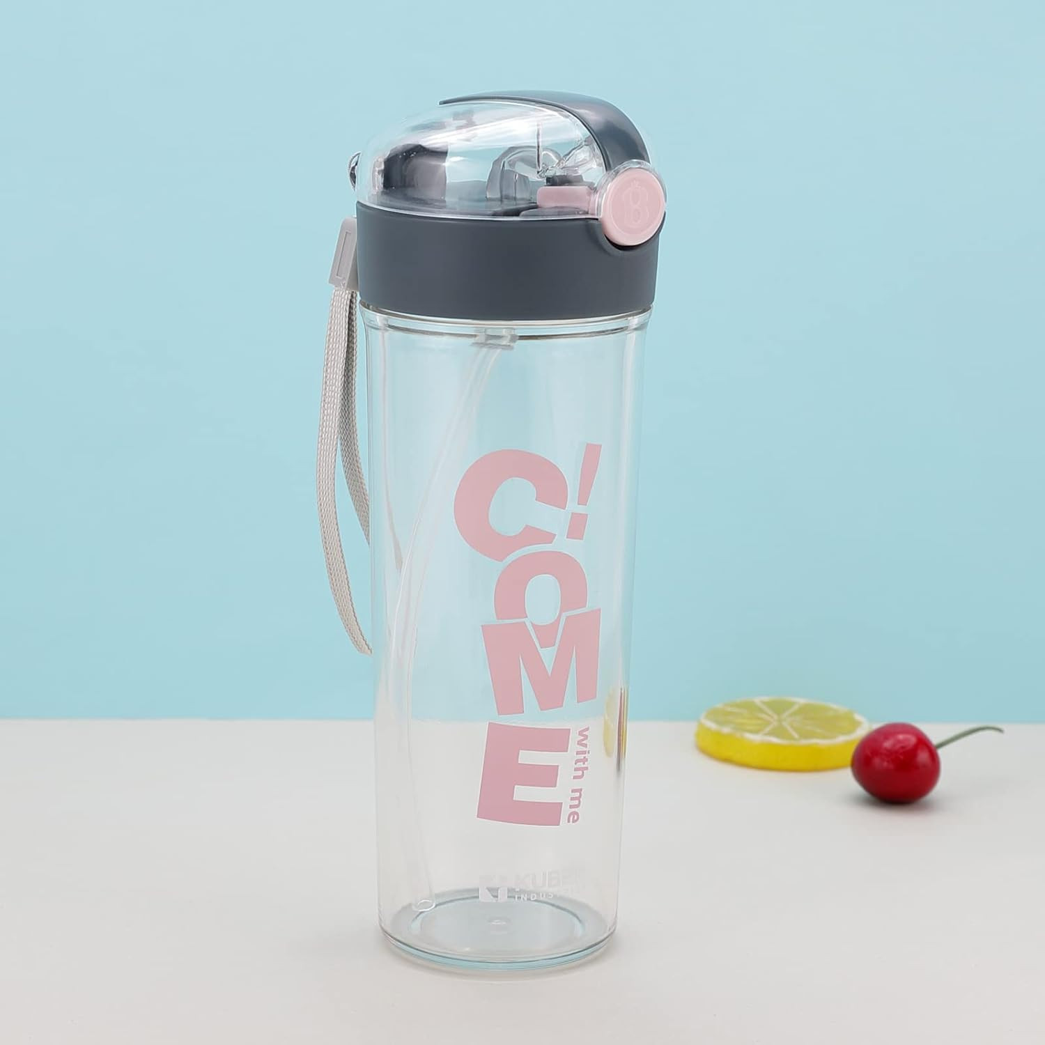 Kuber Sipper Bottle with Straw for Kids | Cute Water Bottle with Lid | Food Grade Plastic | One Click Open | Leak Proof, BPA Free | 420 ml I School Boys Girls (Transparent with Grey Cap)