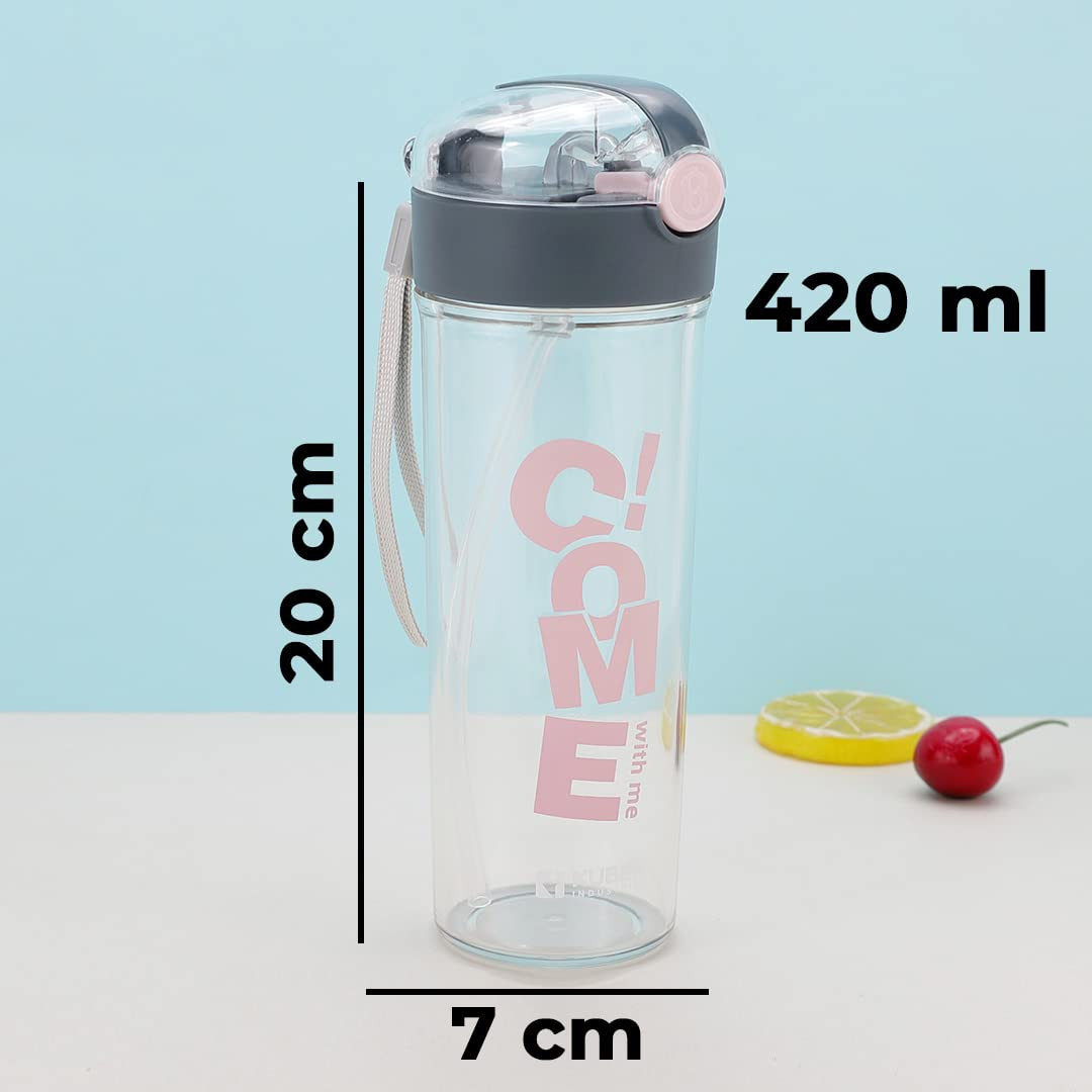 Kuber Sipper Bottle with Straw for Kids | Cute Water Bottle with Lid | Food Grade Plastic | One Click Open | Leak Proof, BPA Free | 420 ml I School Boys Girls (Transparent with Grey Cap)