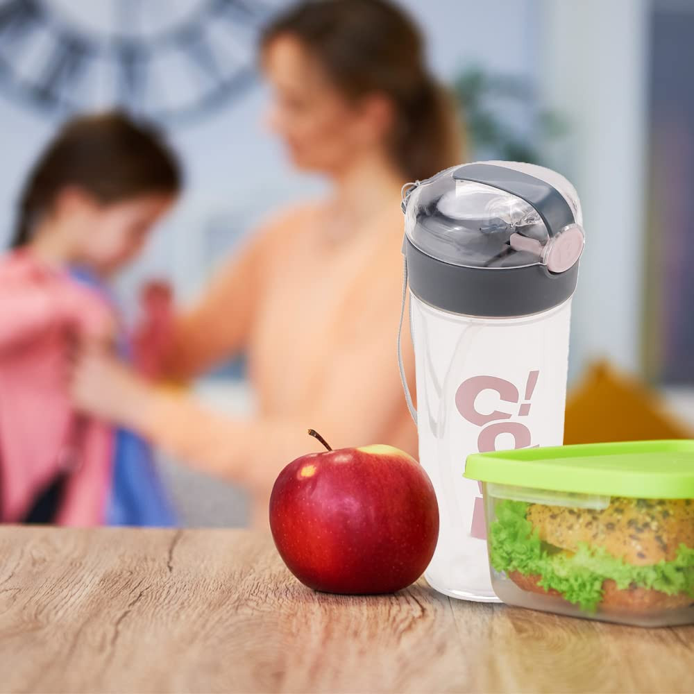 Kuber Sipper Bottle with Straw for Kids | Cute Water Bottle with Lid | Food Grade Plastic | One Click Open | Leak Proof, BPA Free | 420 ml I School Boys Girls (Transparent with Grey Cap)