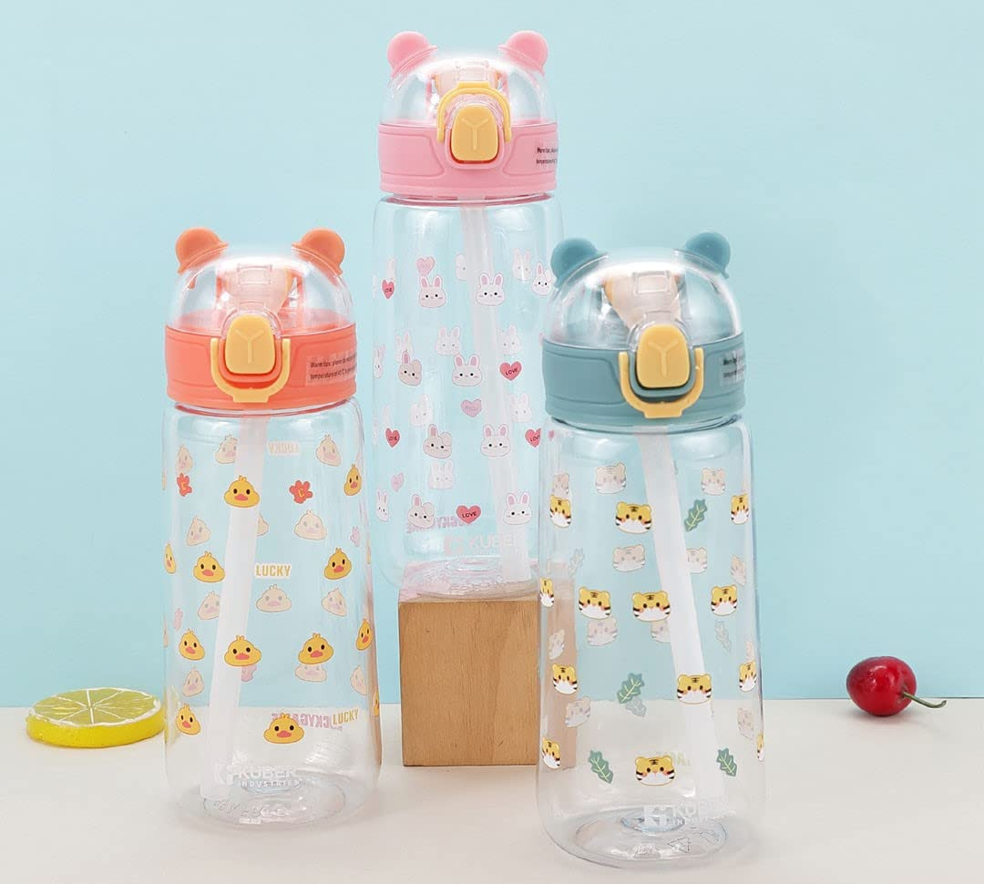 Kuber Sipper Bottle with Straw for Kids | Teddy Tumbler Sipper Cup I Cute Water Bottle with Lid | Food Grade Plastic | One Click Open | Leak Proof, BPA Free | 550 ml | School Boys Girls (Transparent)