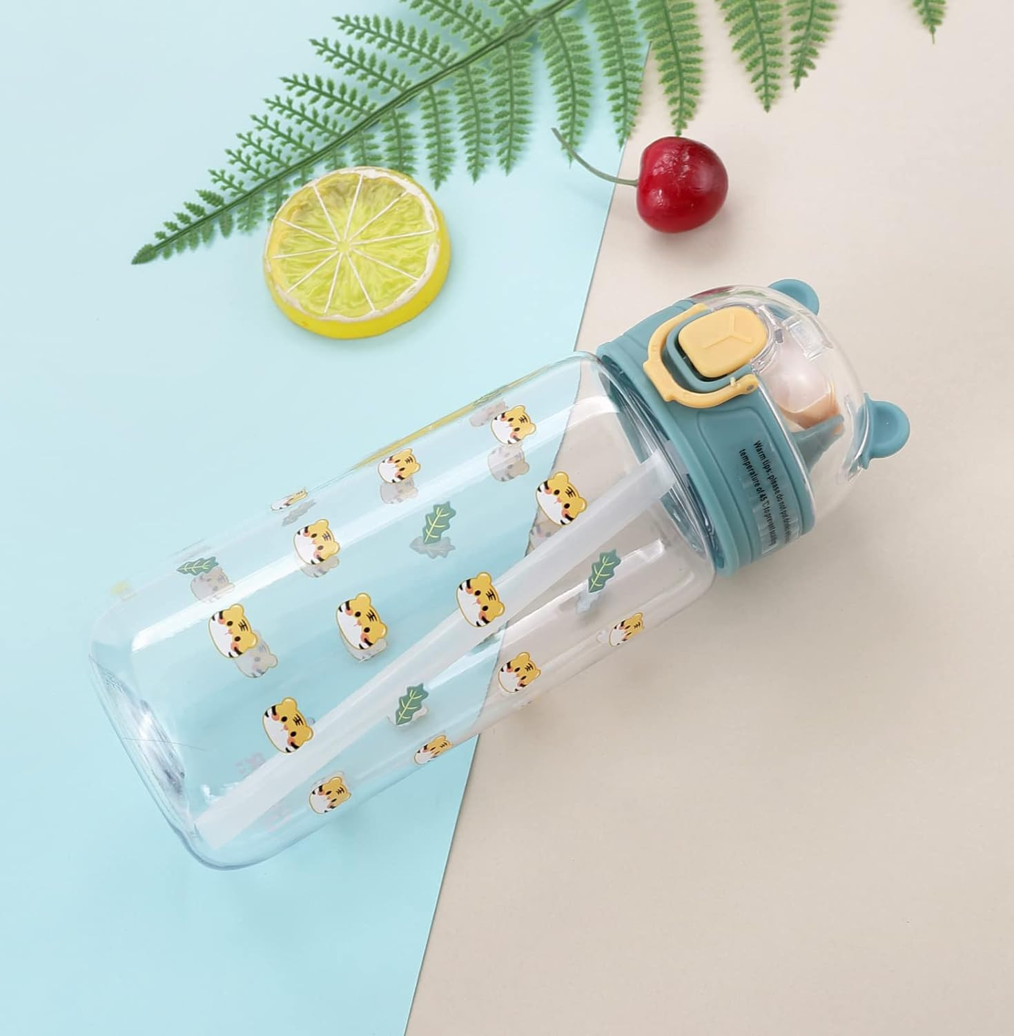 Kuber Sipper Bottle with Straw for Kids | Teddy Tumbler Sipper Cup I Cute Water Bottle with Lid | Food Grade Plastic | One Click Open | Leak Proof, BPA Free | 550 ml | School Boys Girls (Transparent)