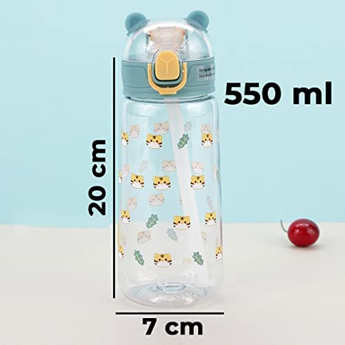 Kuber Sipper Bottle with Straw for Kids | Teddy Tumbler Sipper Cup I Cute Water Bottle with Lid | Food Grade Plastic | One Click Open | Leak Proof, BPA Free | 550 ml | School Boys Girls (Transparent)