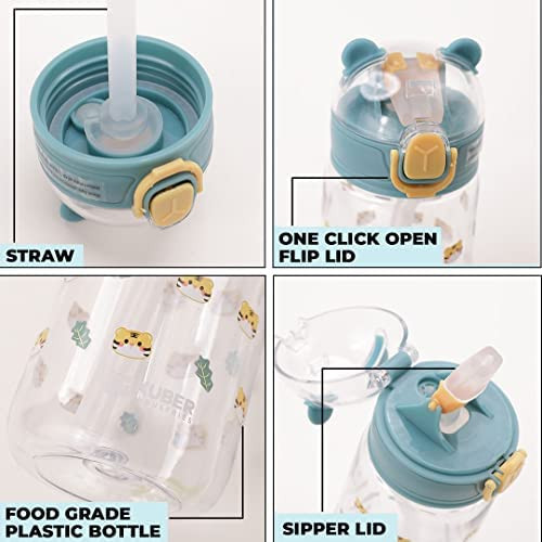 Kuber Sipper Bottle with Straw for Kids | Teddy Tumbler Sipper Cup I Cute Water Bottle with Lid | Food Grade Plastic | One Click Open | Leak Proof, BPA Free | 550 ml | School Boys Girls (Transparent)