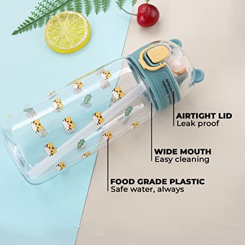 Kuber Sipper Bottle with Straw for Kids | Teddy Tumbler Sipper Cup I Cute Water Bottle with Lid | Food Grade Plastic | One Click Open | Leak Proof, BPA Free | 550 ml | School Boys Girls (Transparent)