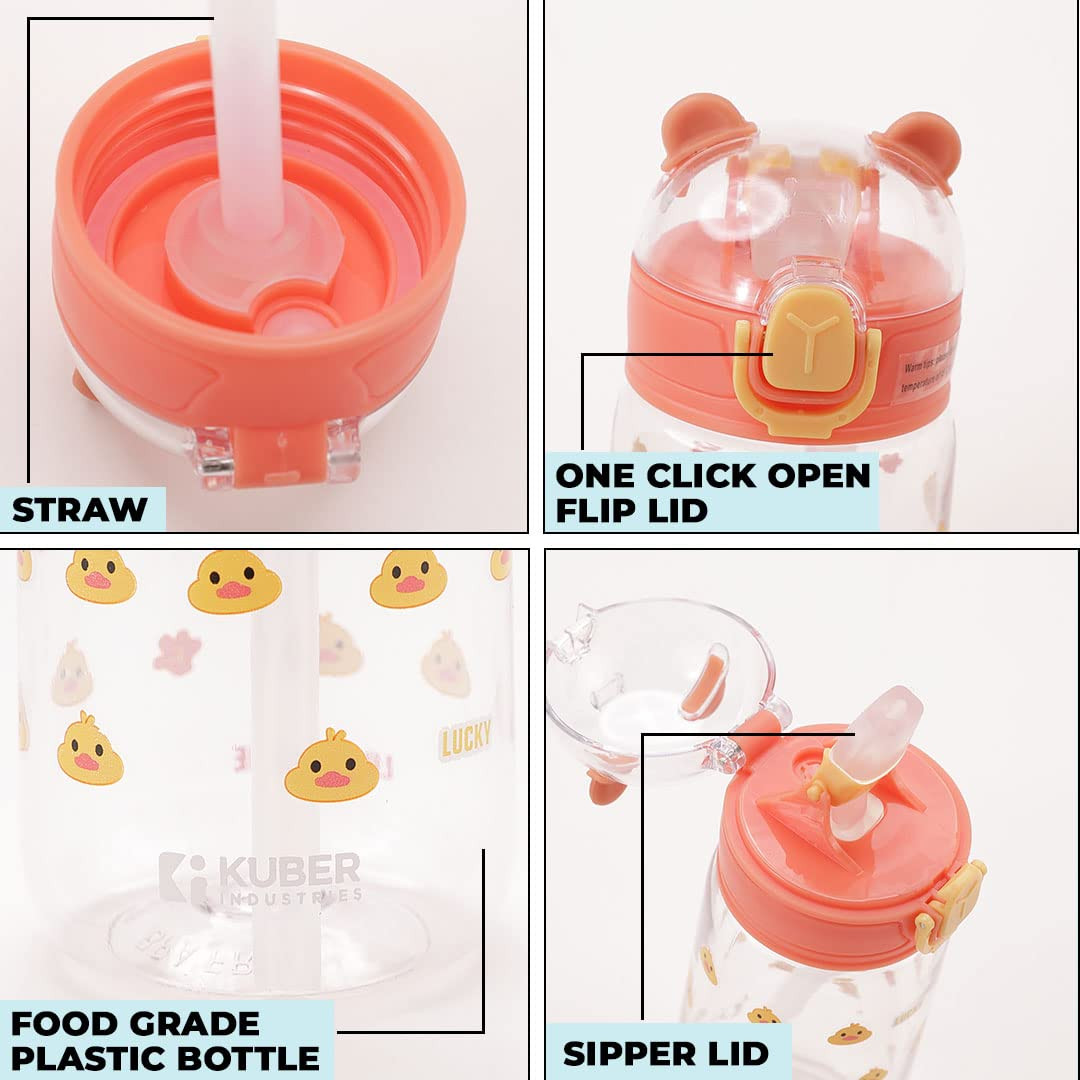 Kuber Sipper Bottle with Straw for Kids | Teddy Tumbler Sipper Cup I Cute Water Bottle with Lid | Food Grade Plastic | One Click Open | Leak Proof, BPA Free | 550 ml I School Boys Girls (Transparent)