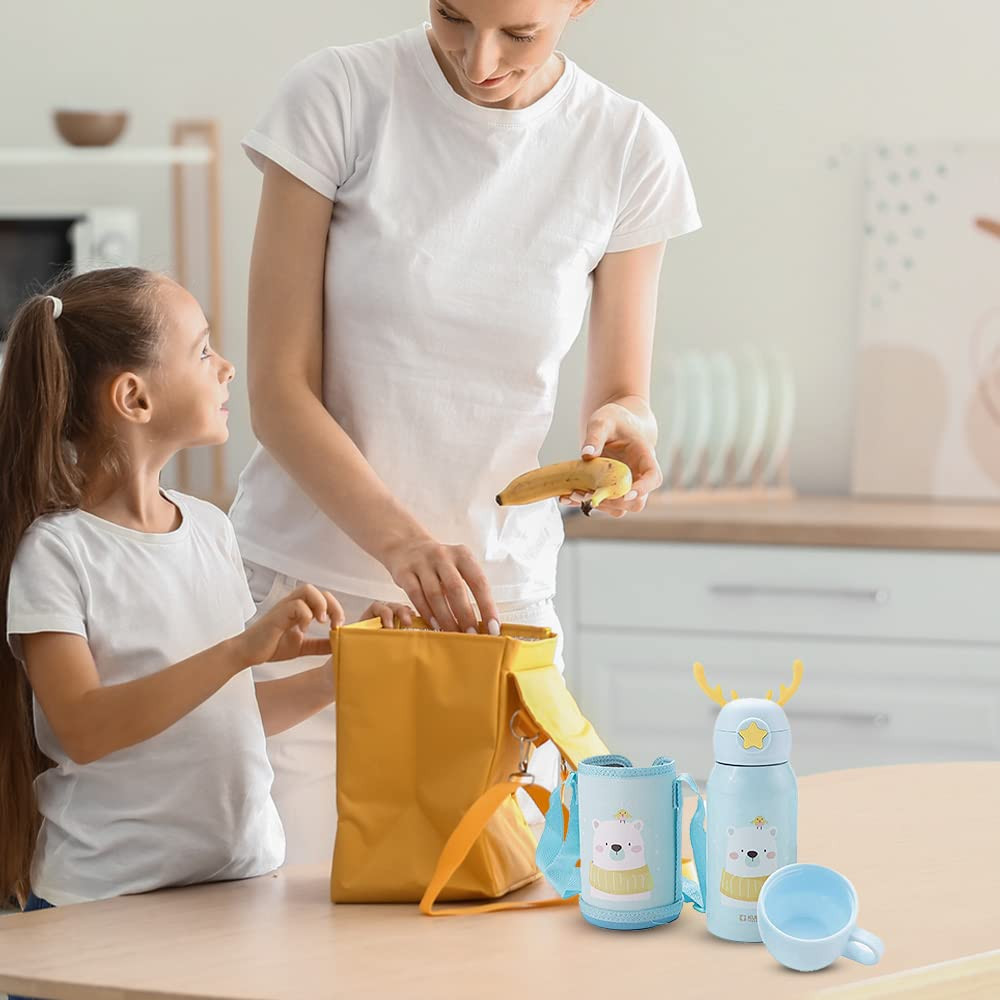 Kuber Sipper Water Bottle for Kids | Vacuum Insulated Stainless Steel Flask with Straw I Cup & Holder Bag | Double Walled Flask I Leak Proof, BPA Free I Teddy Design| 500 ml