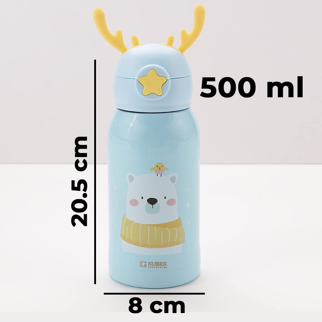 Kuber Sipper Water Bottle for Kids | Vacuum Insulated Stainless Steel Flask with Straw I Cup & Holder Bag | Double Walled Flask I Leak Proof, BPA Free I Teddy Design| 500 ml