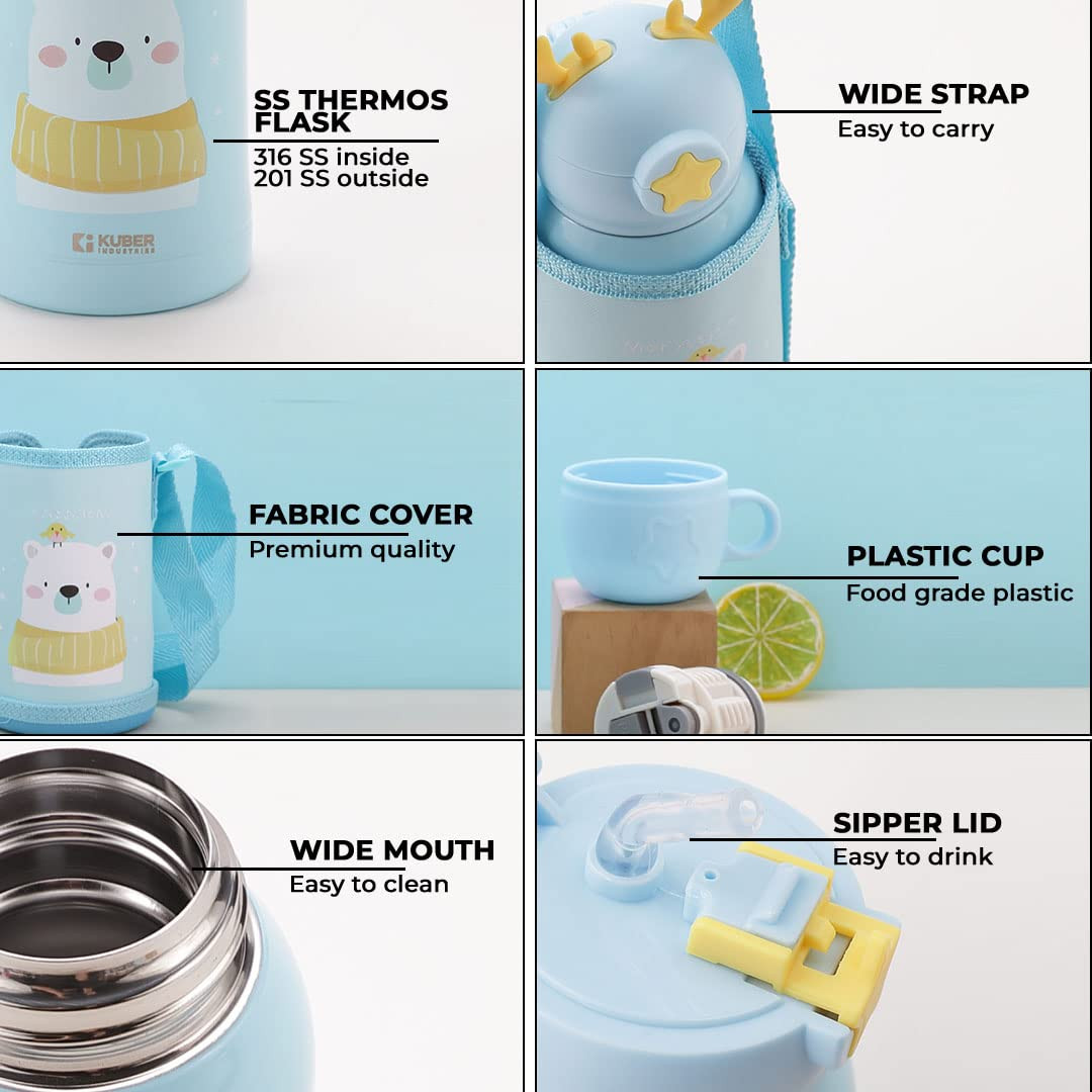 Kuber Sipper Water Bottle for Kids | Vacuum Insulated Stainless Steel Flask with Straw I Cup & Holder Bag | Double Walled Flask I Leak Proof, BPA Free I Teddy Design| 500 ml