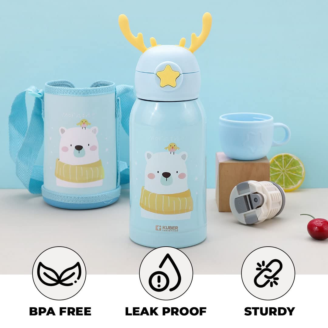 Kuber Sipper Water Bottle for Kids | Vacuum Insulated Stainless Steel Flask with Straw I Cup & Holder Bag | Double Walled Flask I Leak Proof, BPA Free I Teddy Design| 500 ml