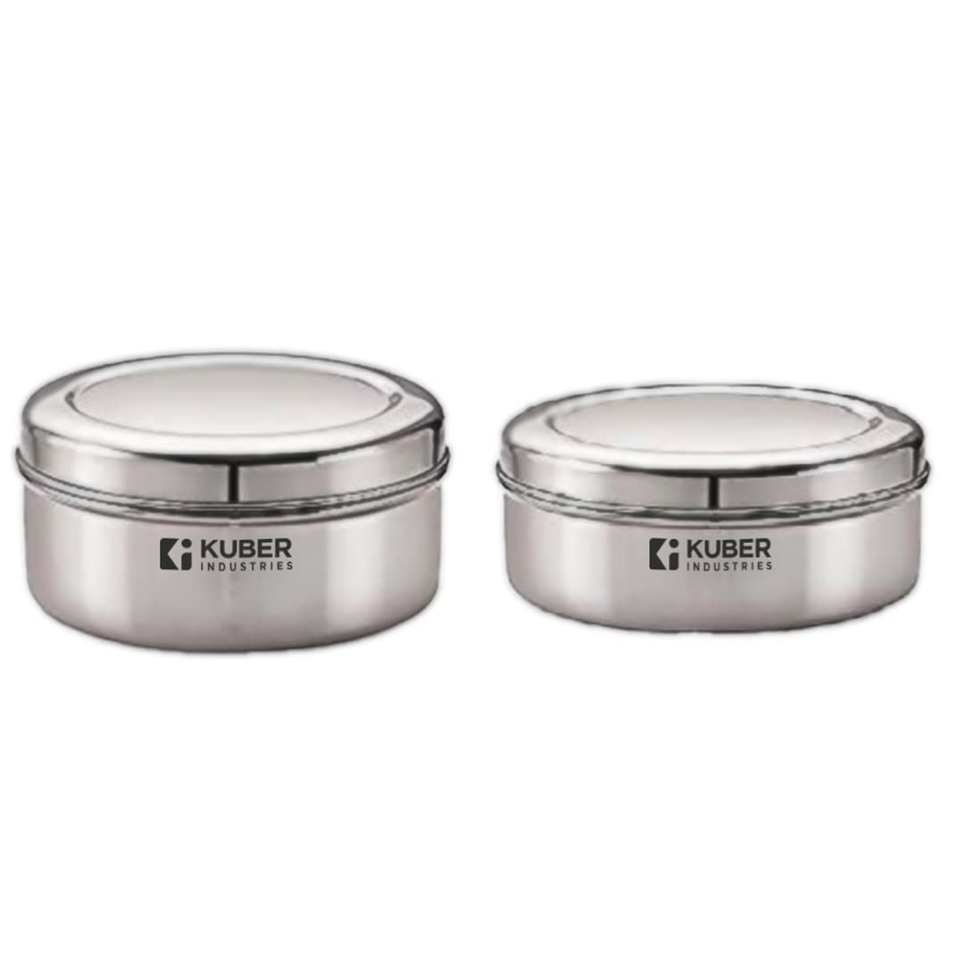 Kuber Stainless Steel Flat Kitchen Container Set | Rust Proof & Durable | Multipurpose, Easy to Clean, Sturdy & Stackable | Kitchen Storage Containers Set of 2 - Assorted
