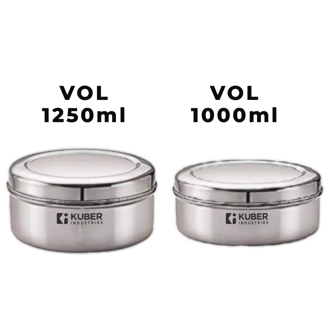 Kuber Stainless Steel Flat Kitchen Container Set | Rust Proof & Durable | Multipurpose, Easy to Clean, Sturdy & Stackable | Kitchen Storage Containers Set of 2 - Assorted