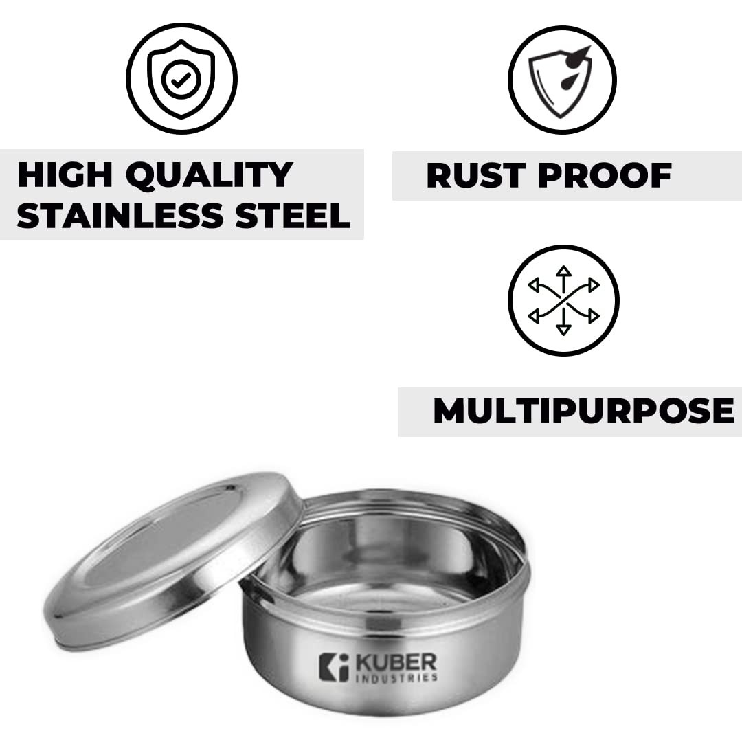 Kuber Stainless Steel Flat Kitchen Container Set | Rust Proof & Durable | Multipurpose, Easy to Clean, Sturdy & Stackable | Kitchen Storage Containers Set of 2 - Assorted