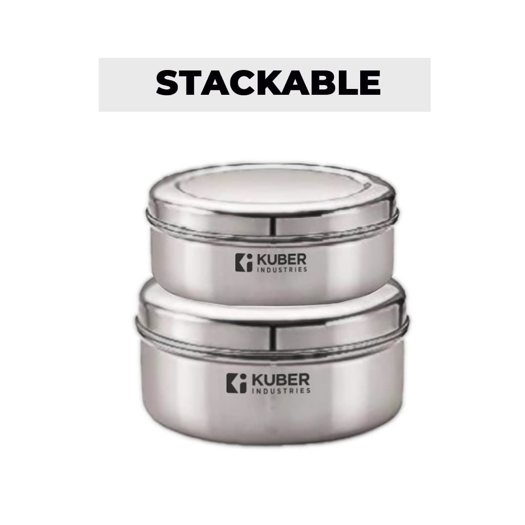 Kuber Stainless Steel Flat Kitchen Container Set | Rust Proof & Durable | Multipurpose, Easy to Clean, Sturdy & Stackable | Kitchen Storage Containers Set of 2 - Assorted