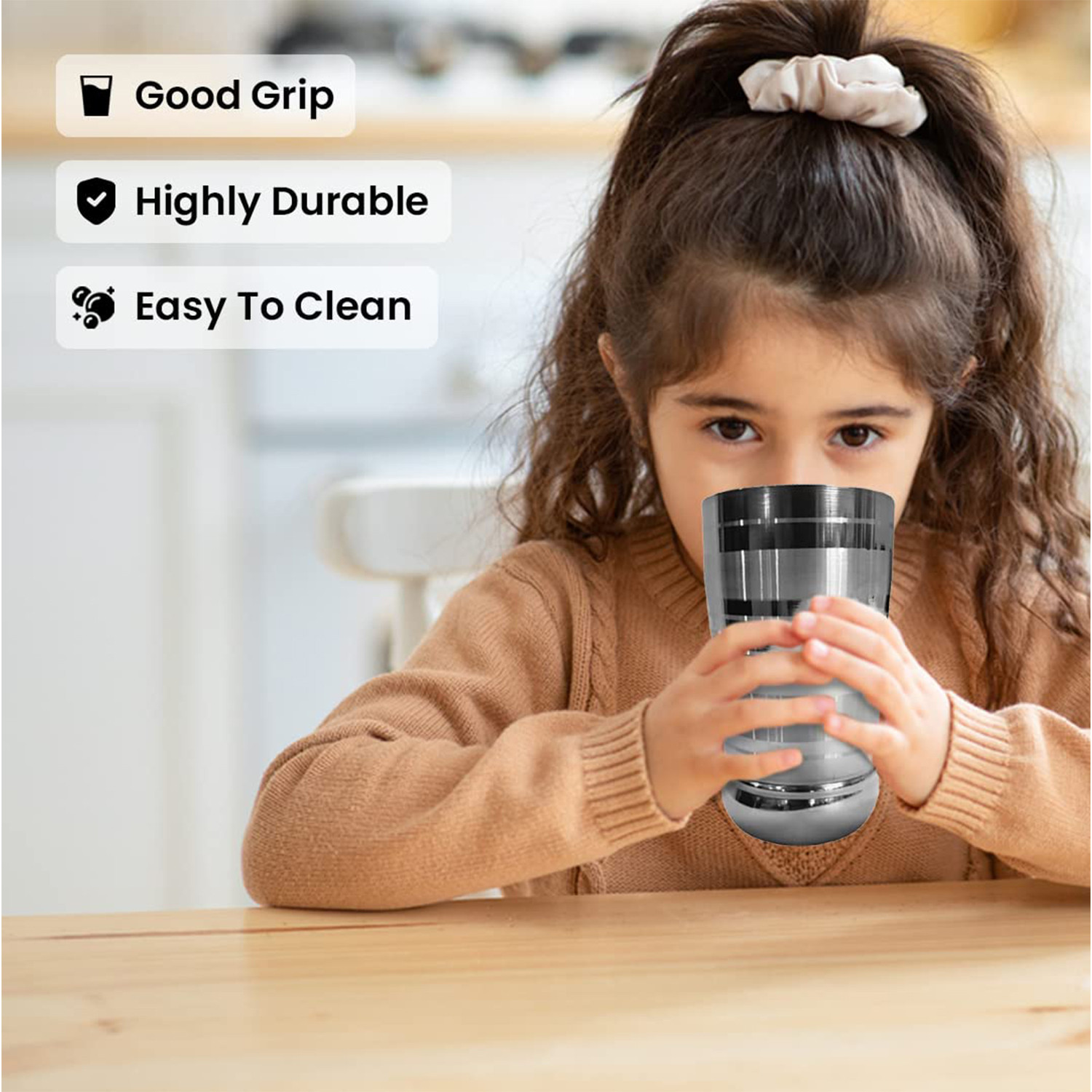 Kuber Stainless Steel Glass Set | Wobble Free Base, Durable | Multipurpose, Elegant Design & Wide Rim | Easy to Clean & Store | Steel Glass Set 6