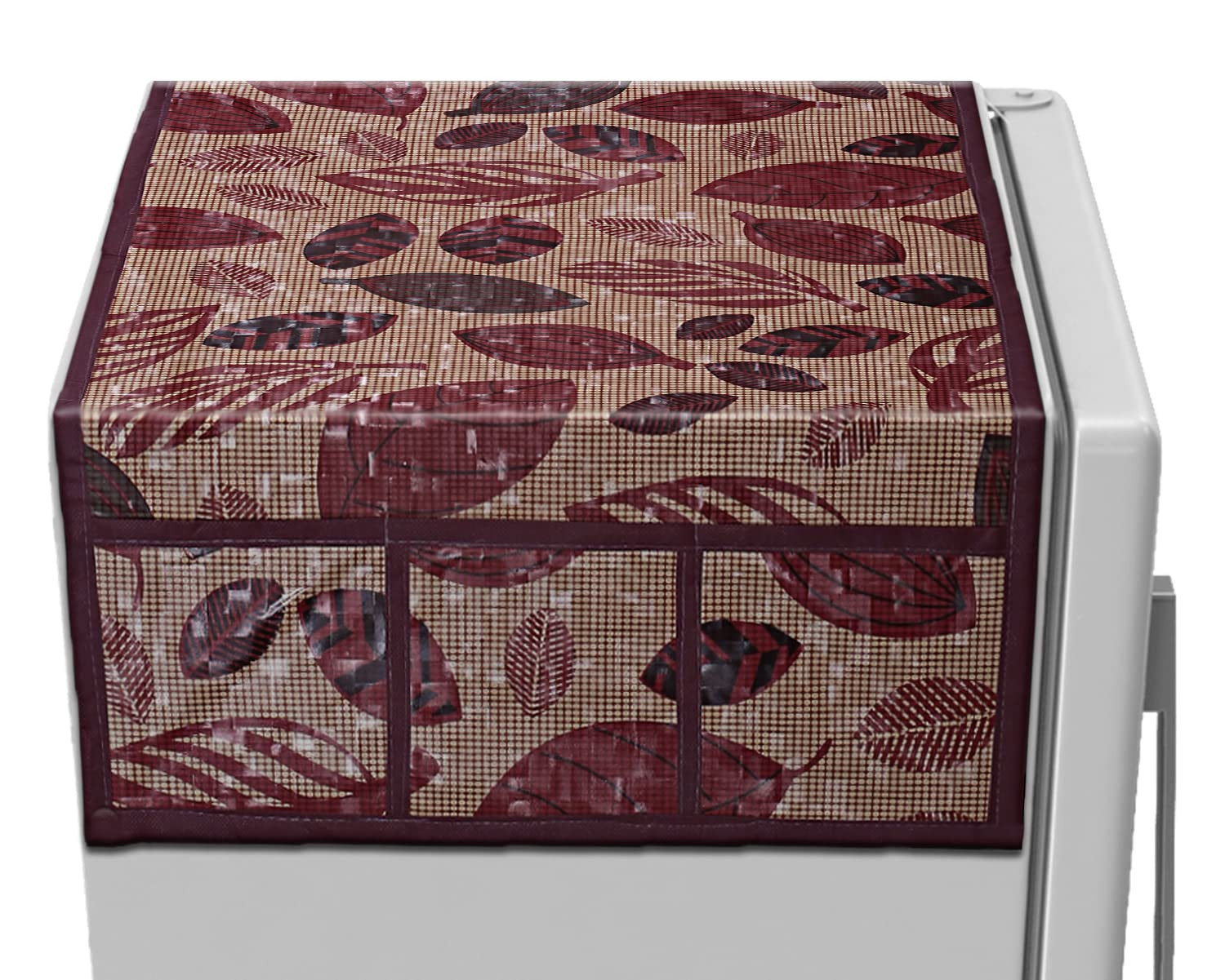 Leaf Print PVC Fridge Top Cover With 6 Utility Side Pockets Maroon